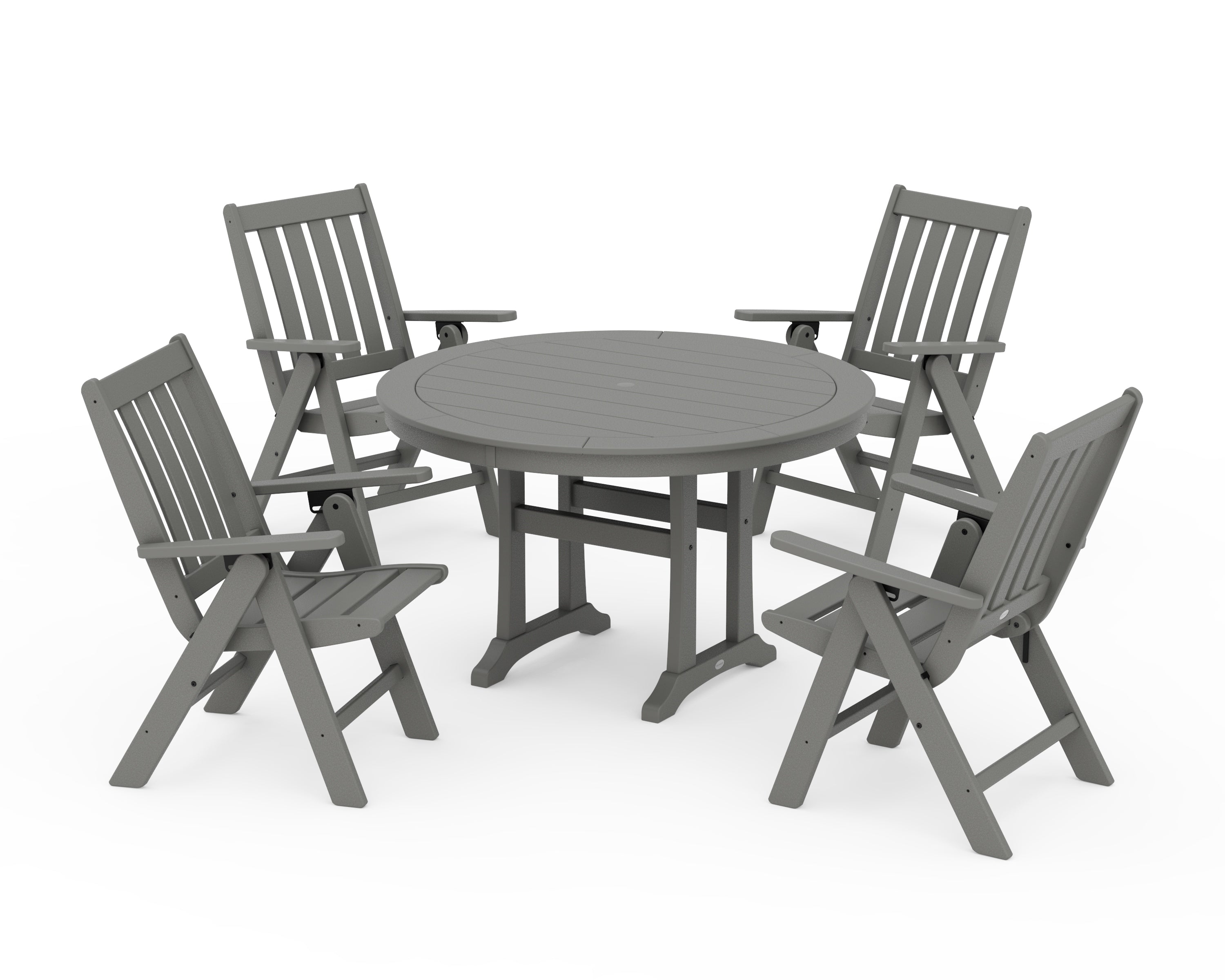 POLYWOOD Vineyard Folding Chair 5-Piece Round Dining Set with Trestle Legs in Slate Grey