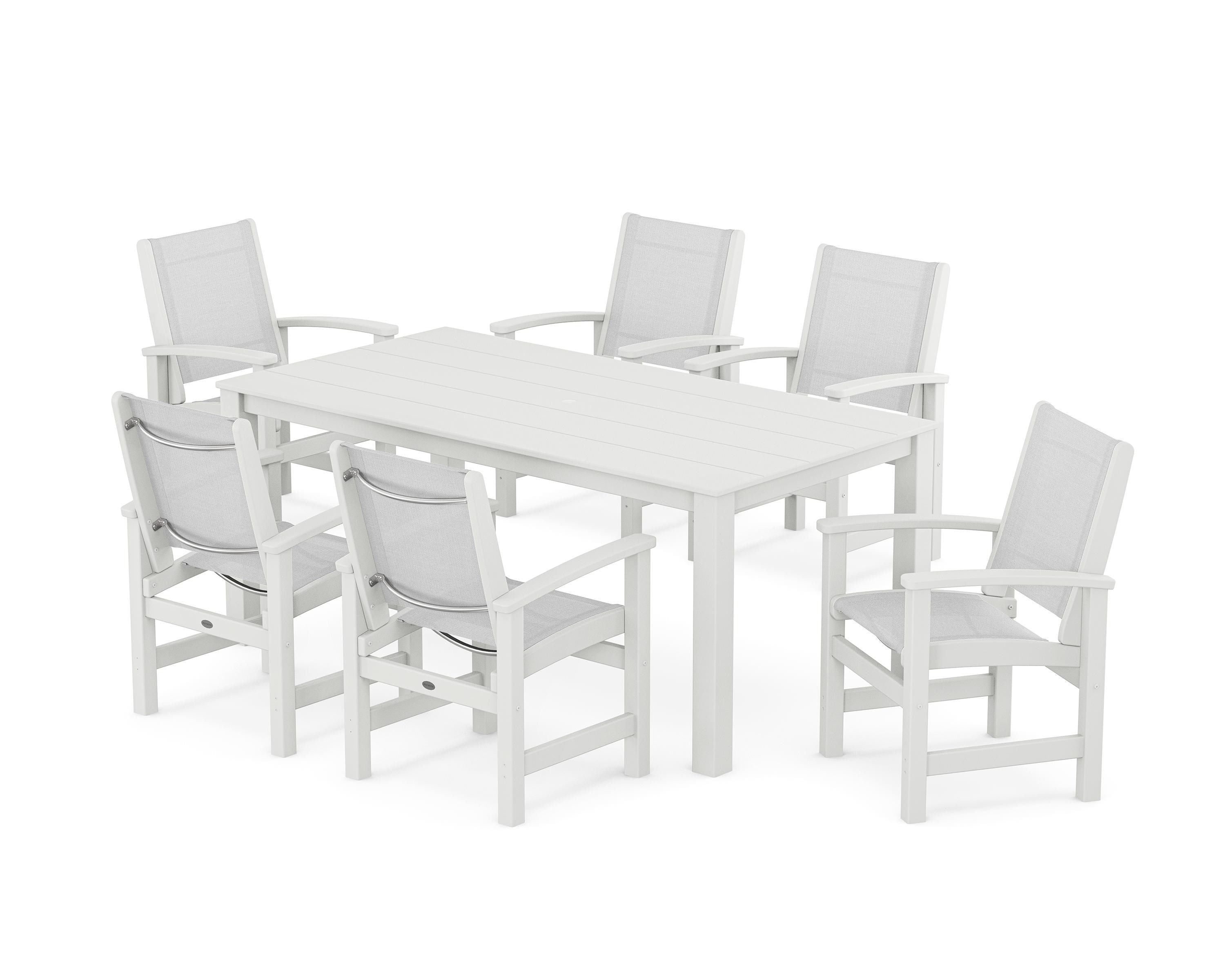 POLYWOOD Coastal 7-Piece Parsons Dining Set in White / White Sling