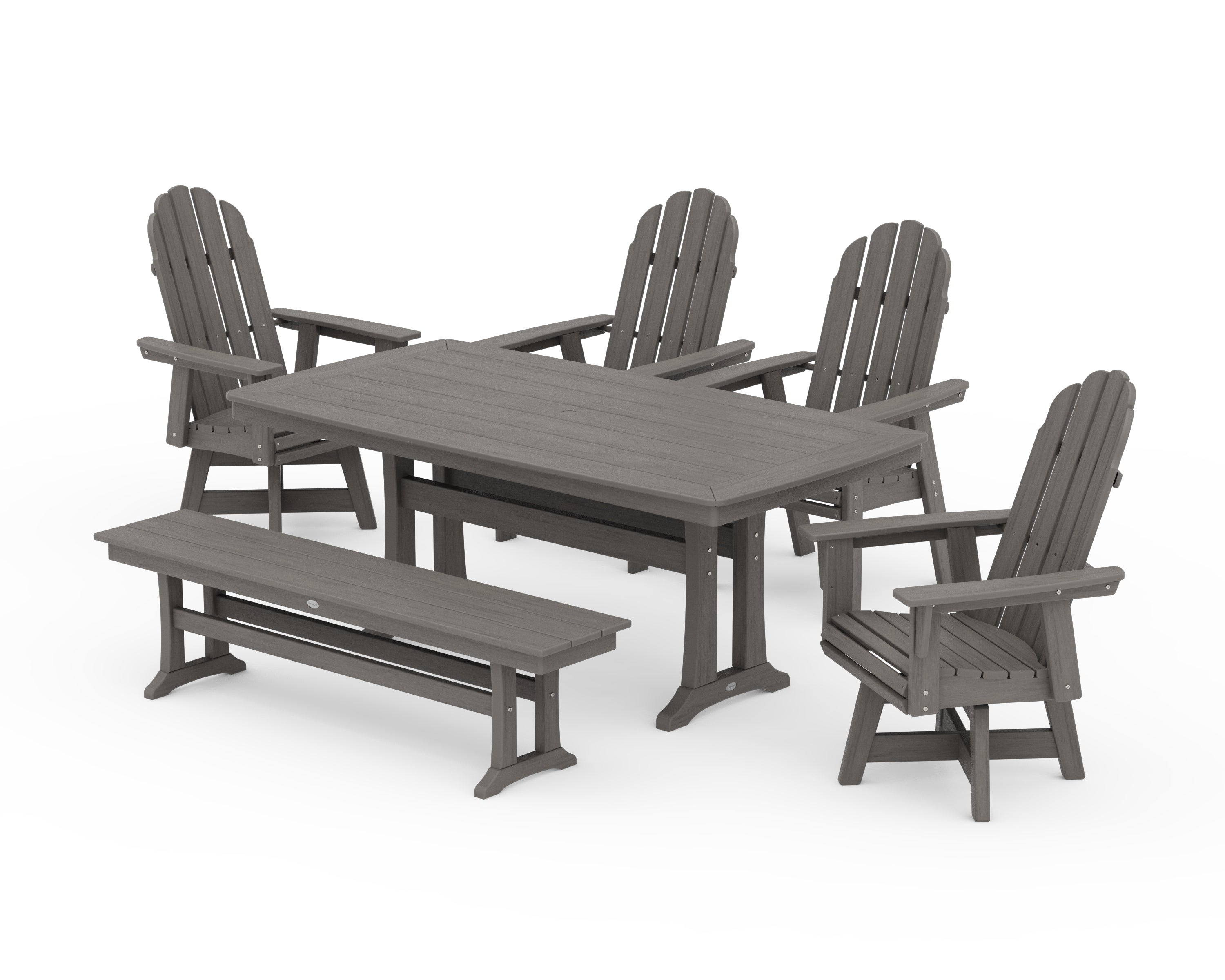 POLYWOOD Vineyard Curveback Adirondack Swivel Chair 6-Piece Dining Set with Trestle Legs and Bench in Driftwood