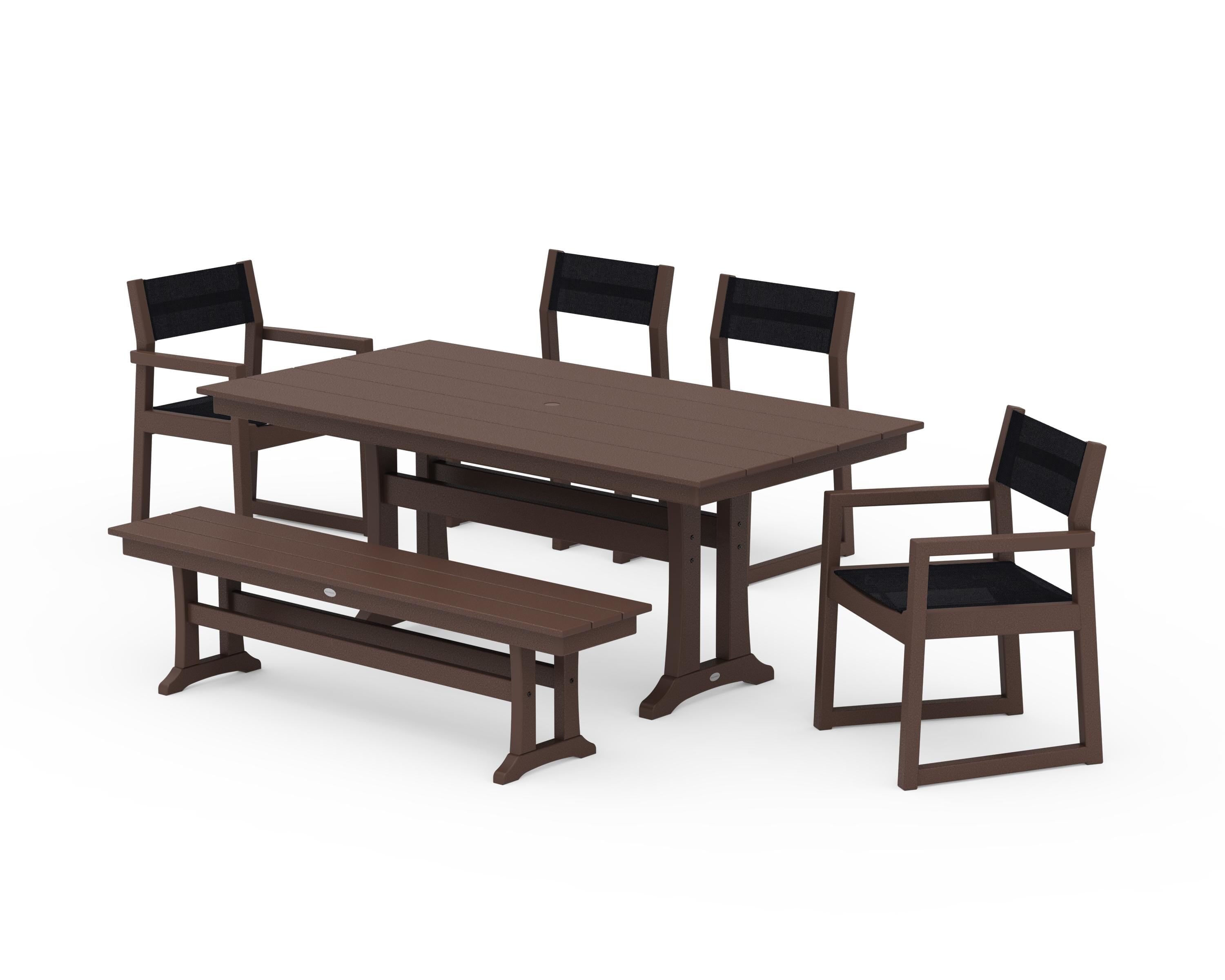 POLYWOOD EDGE Sling 6-Piece Farmhouse Dining Set With Trestle Legs in Mahogany / Black Sling