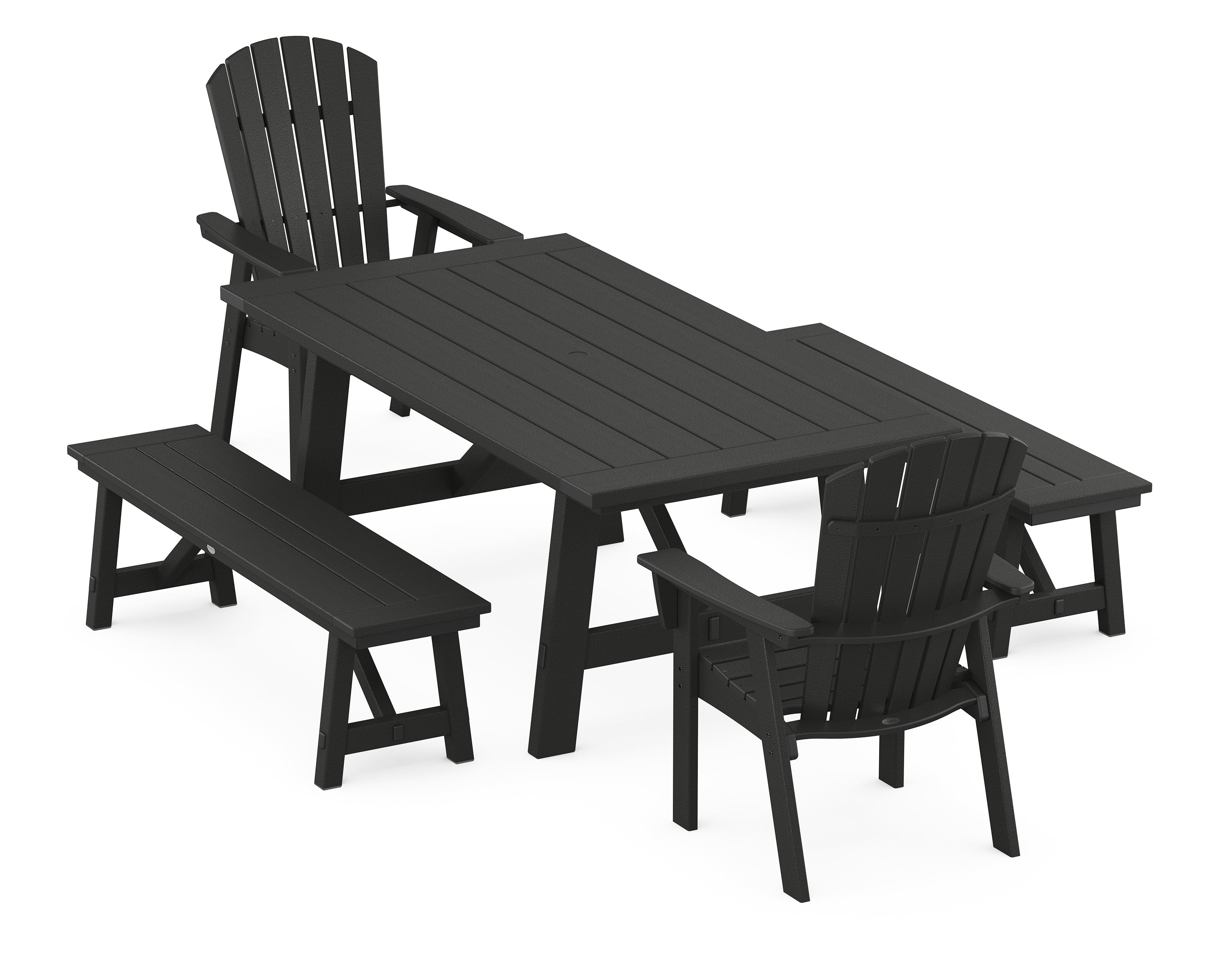 POLYWOOD Nautical Curveback Adirondack 5-Piece Rustic Farmhouse Dining Set With Benches in Black