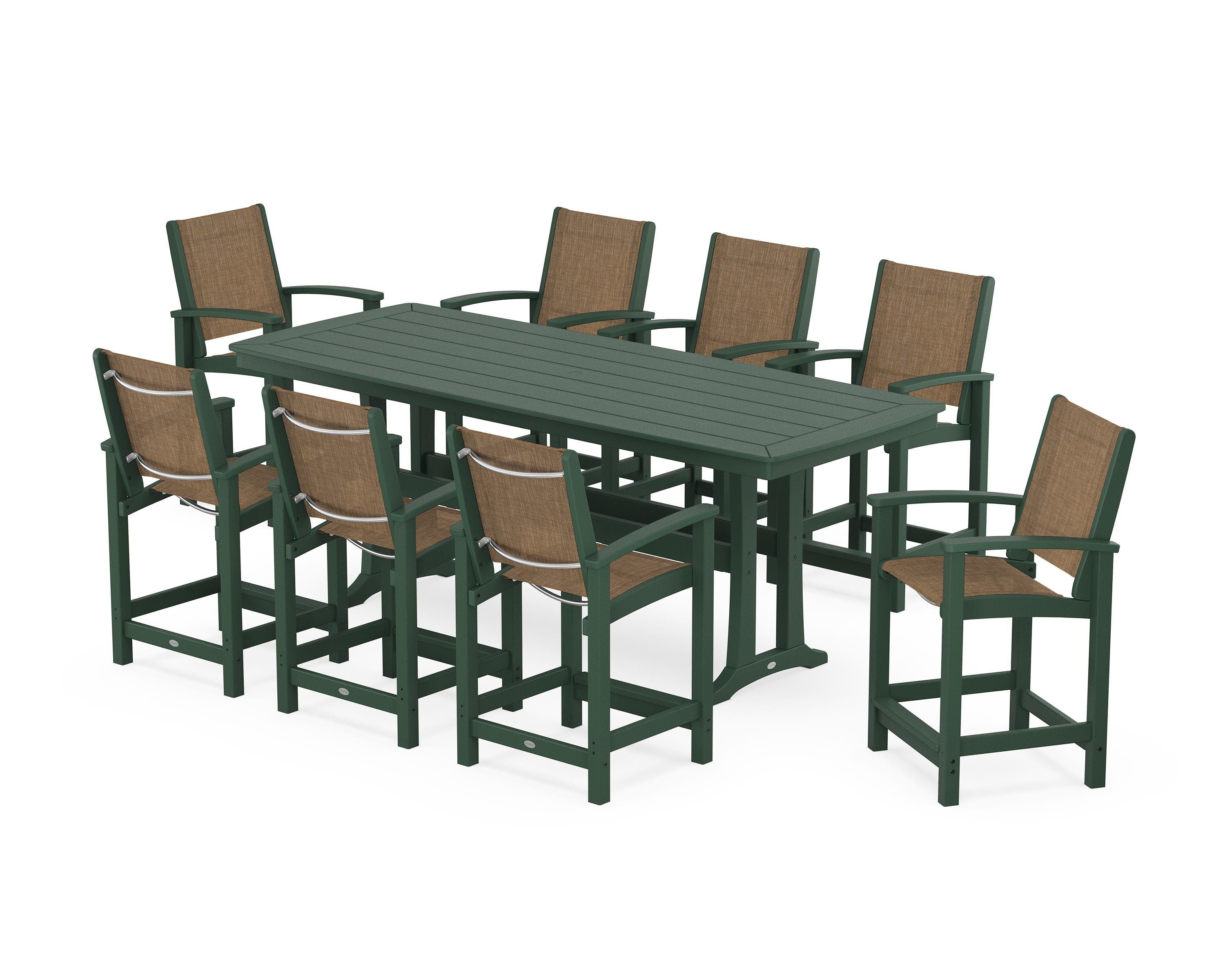 POLYWOOD Coastal 9-Piece Counter Set with Trestle Legs in Green / Burlap Sling