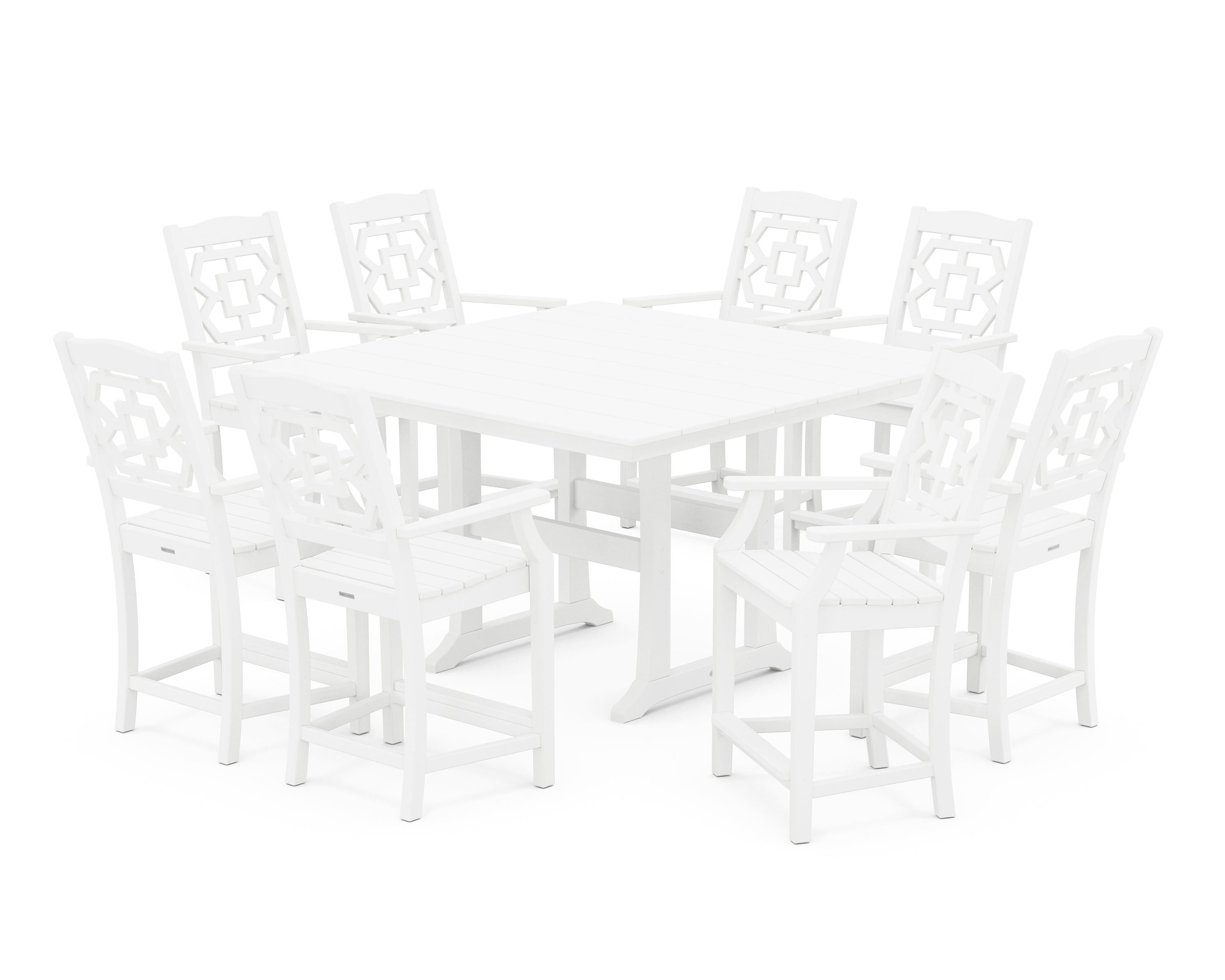 Martha Stewart by POLYWOOD Chinoiserie 9-Piece Square Farmhouse Counter Set with Trestle Legs in White