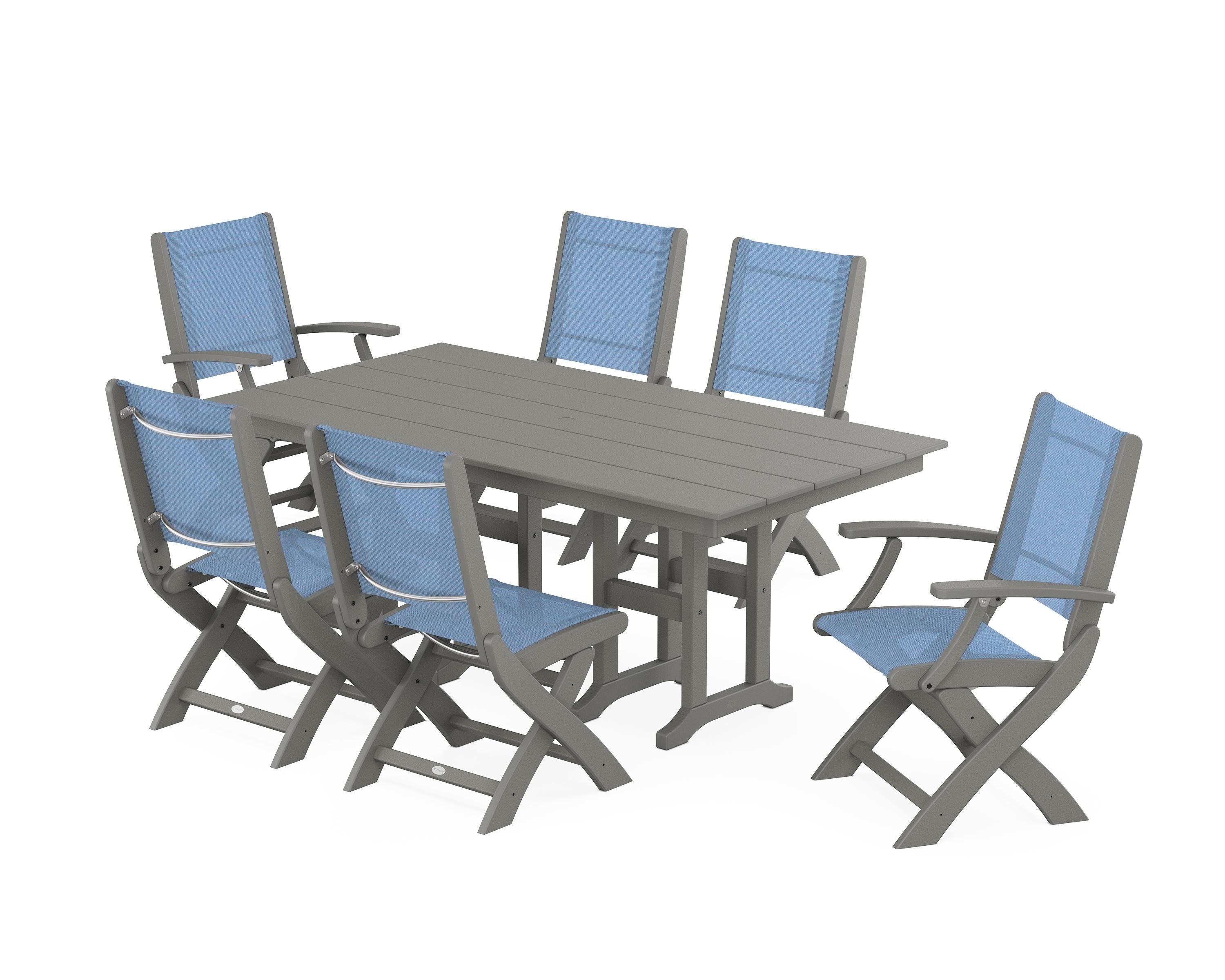 POLYWOOD Coastal Folding Chair 7-Piece Farmhouse Dining Set in Slate Grey / Poolside Sling