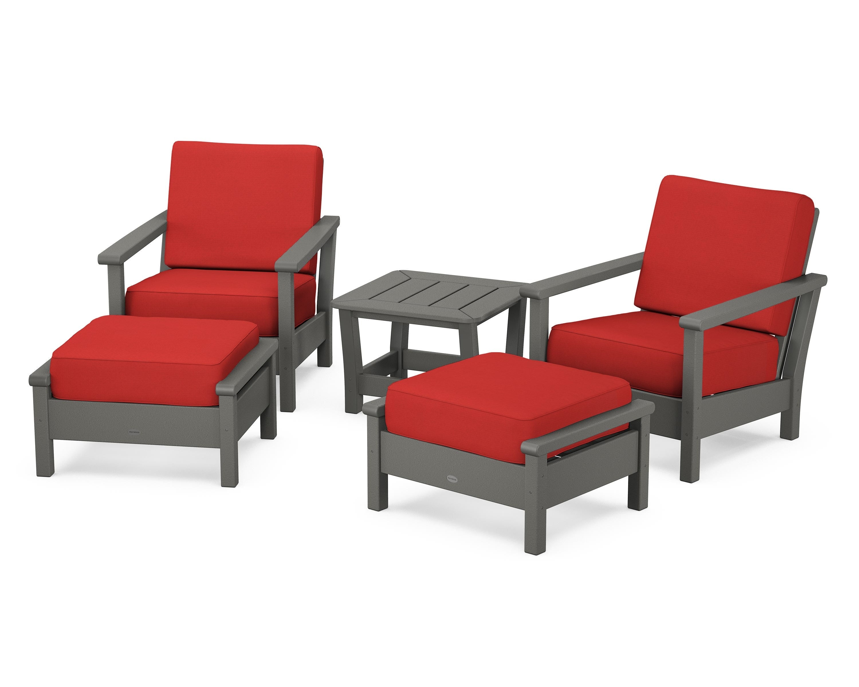 POLYWOOD Harbour 5-Piece Deep Seating Chair Set in Slate Grey / Crimson Linen