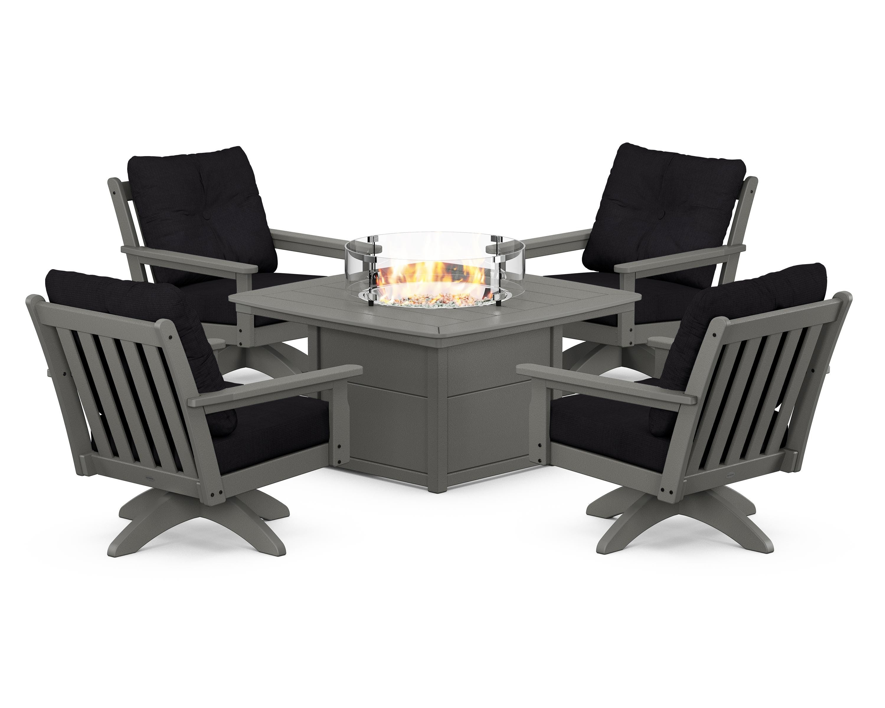 POLYWOOD Vineyard 5-Piece Deep Seating Swivel Conversation Set with Fire Pit Table in Slate Grey / Midnight Linen