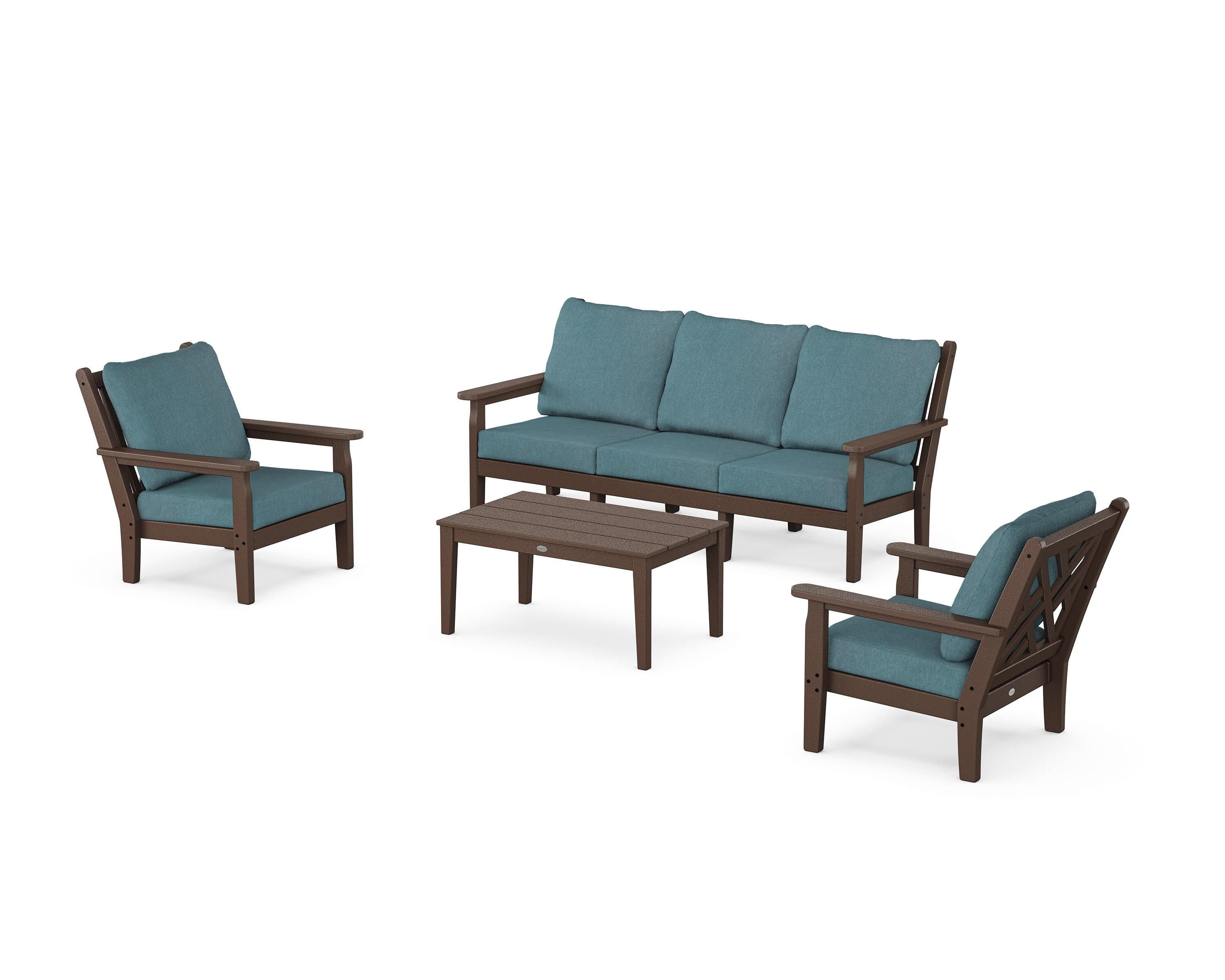 POLYWOOD Chippendale 4-Piece Deep Seating Set with Sofa in Mahogany / Ocean Teal