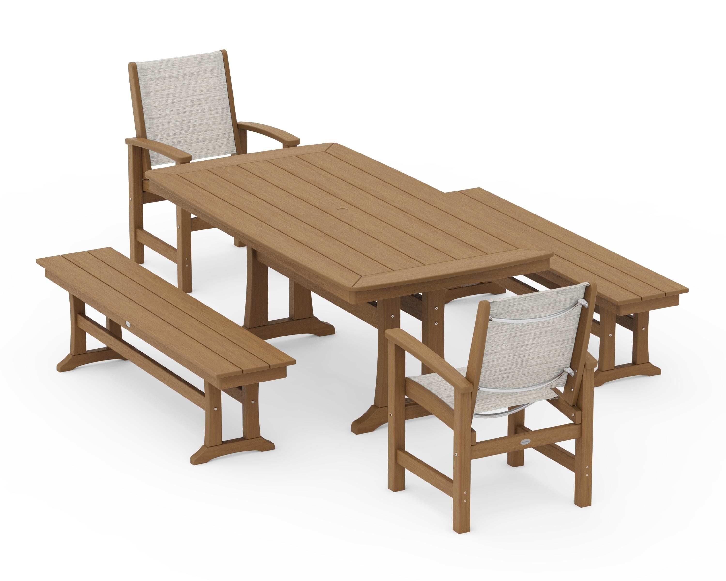 POLYWOOD Coastal 5-Piece Dining Set with Trestle Legs and Benches in Natural / Birch Sling