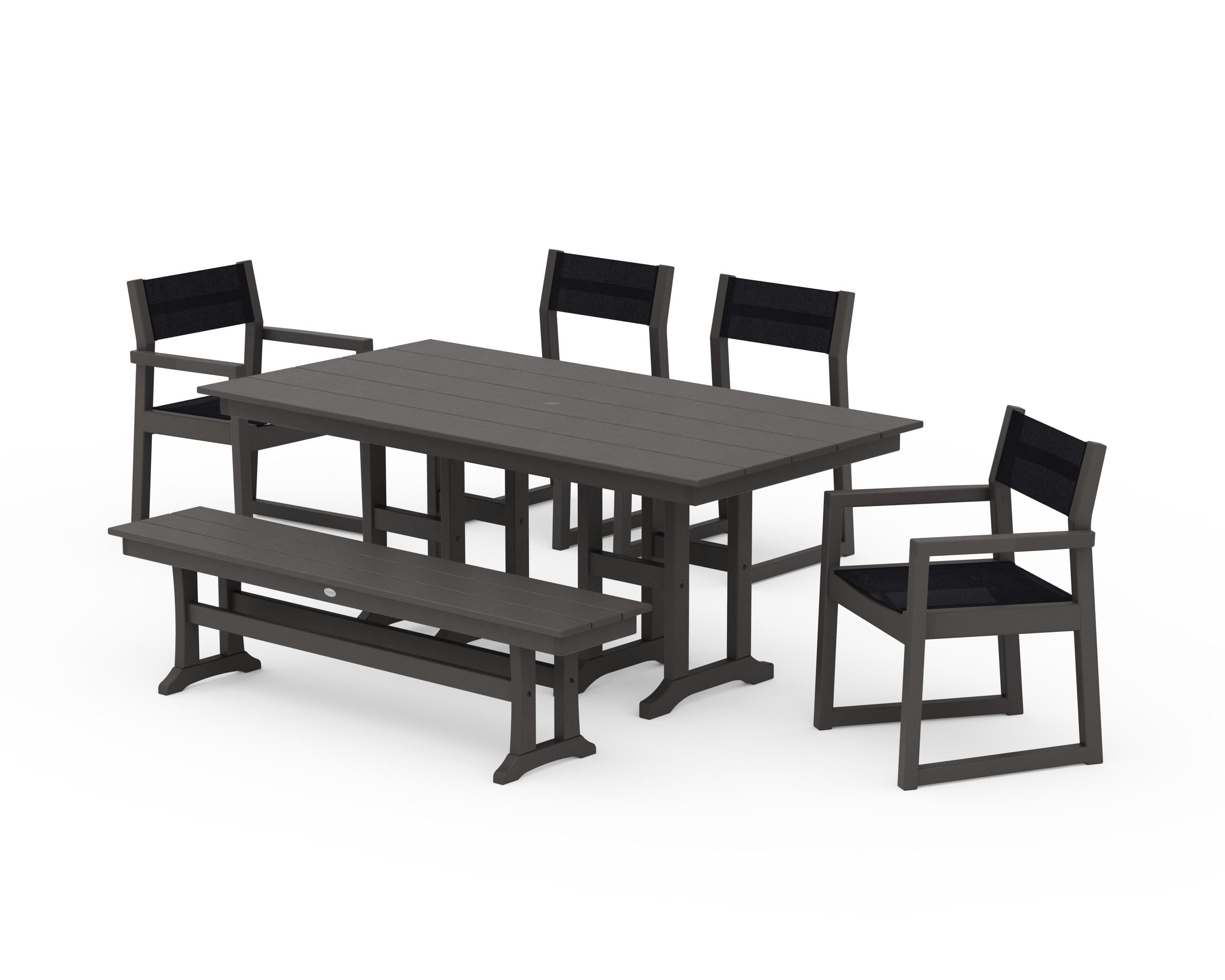 POLYWOOD EDGE Sling 6-Piece Farmhouse Dining Set in Vintage Coffee / Black Sling