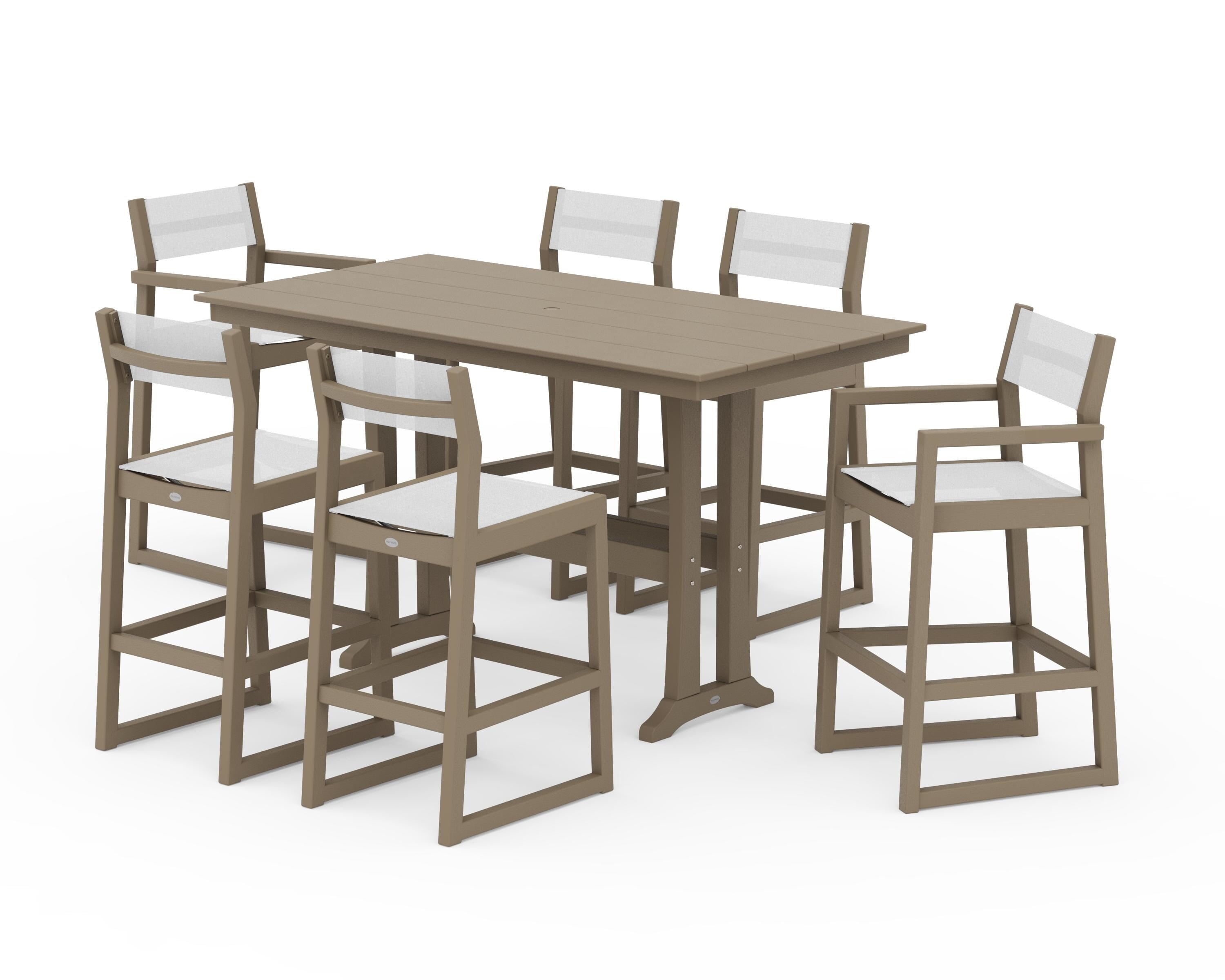 POLYWOOD EDGE Sling 7-Piece Farmhouse Bar Set with Trestle Legs in Vintage Sahara / White Sling