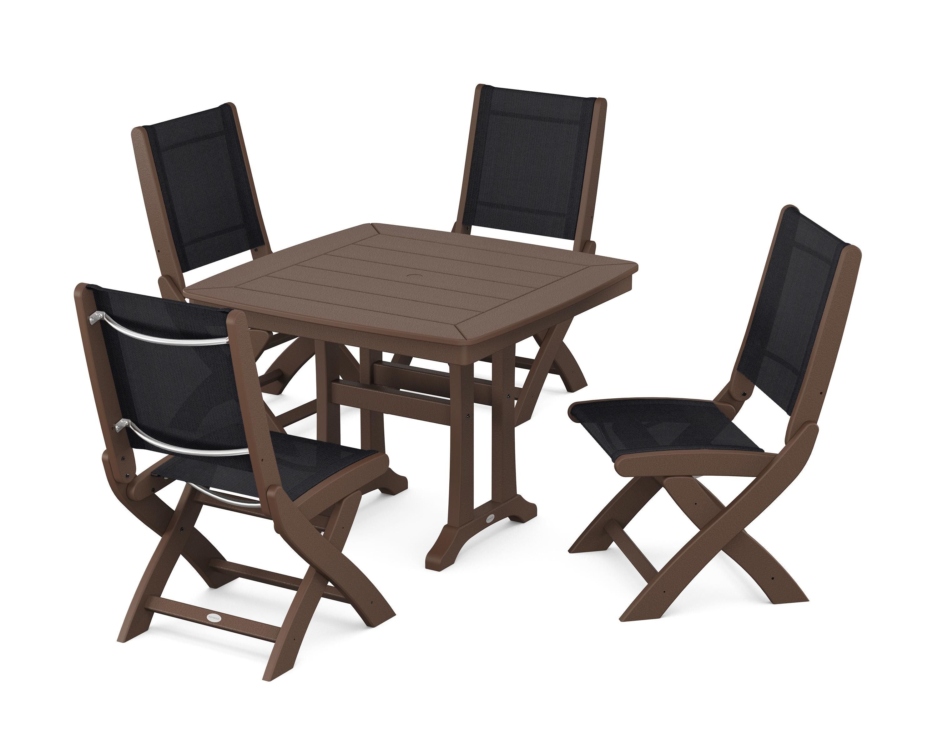 POLYWOOD Coastal Folding Side Chair 5-Piece Dining Set with Trestle Legs in Mahogany / Black Sling