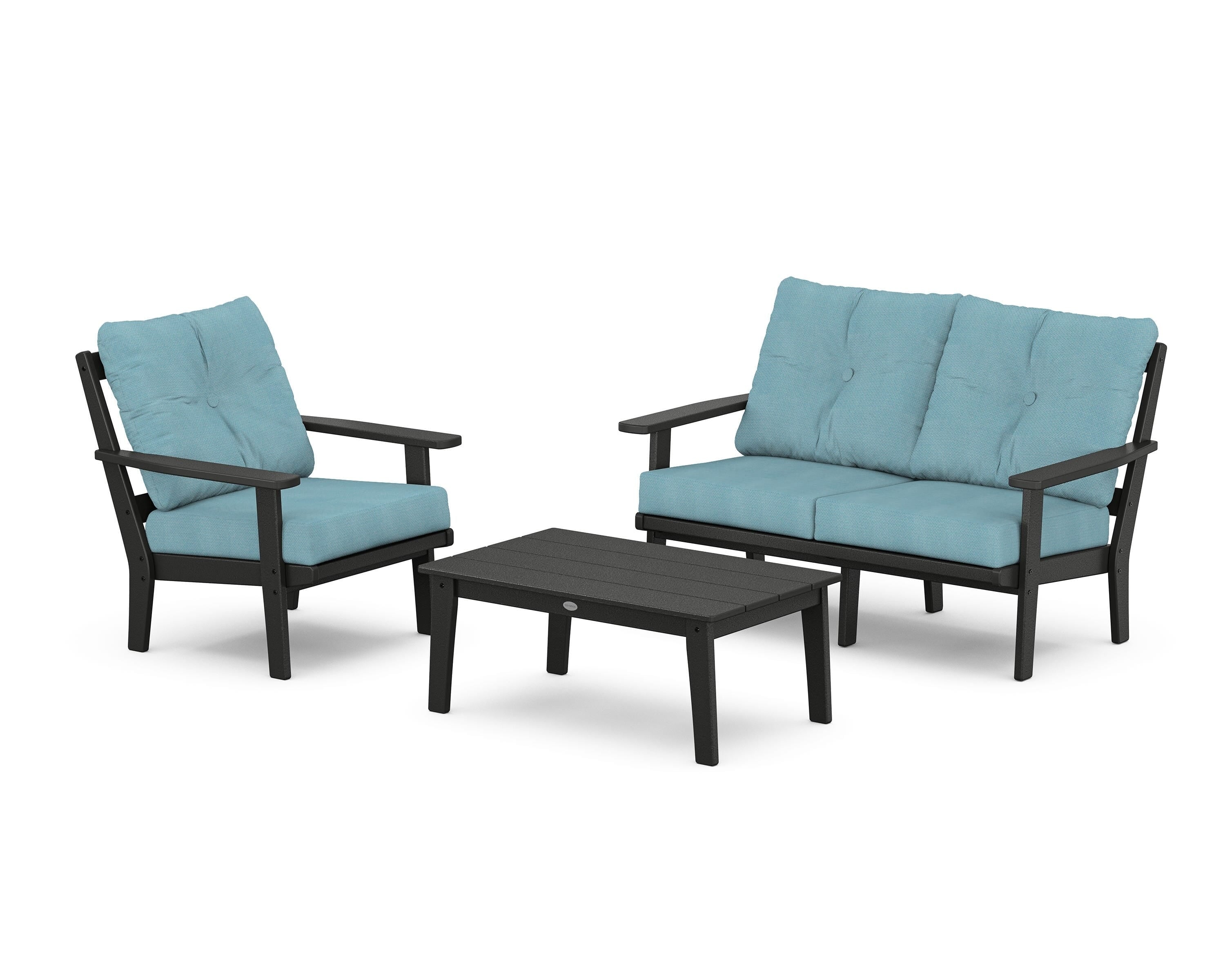 POLYWOOD Oxford 3-Piece Deep Seating Set with Loveseat in Black / Lattice Sky Blue