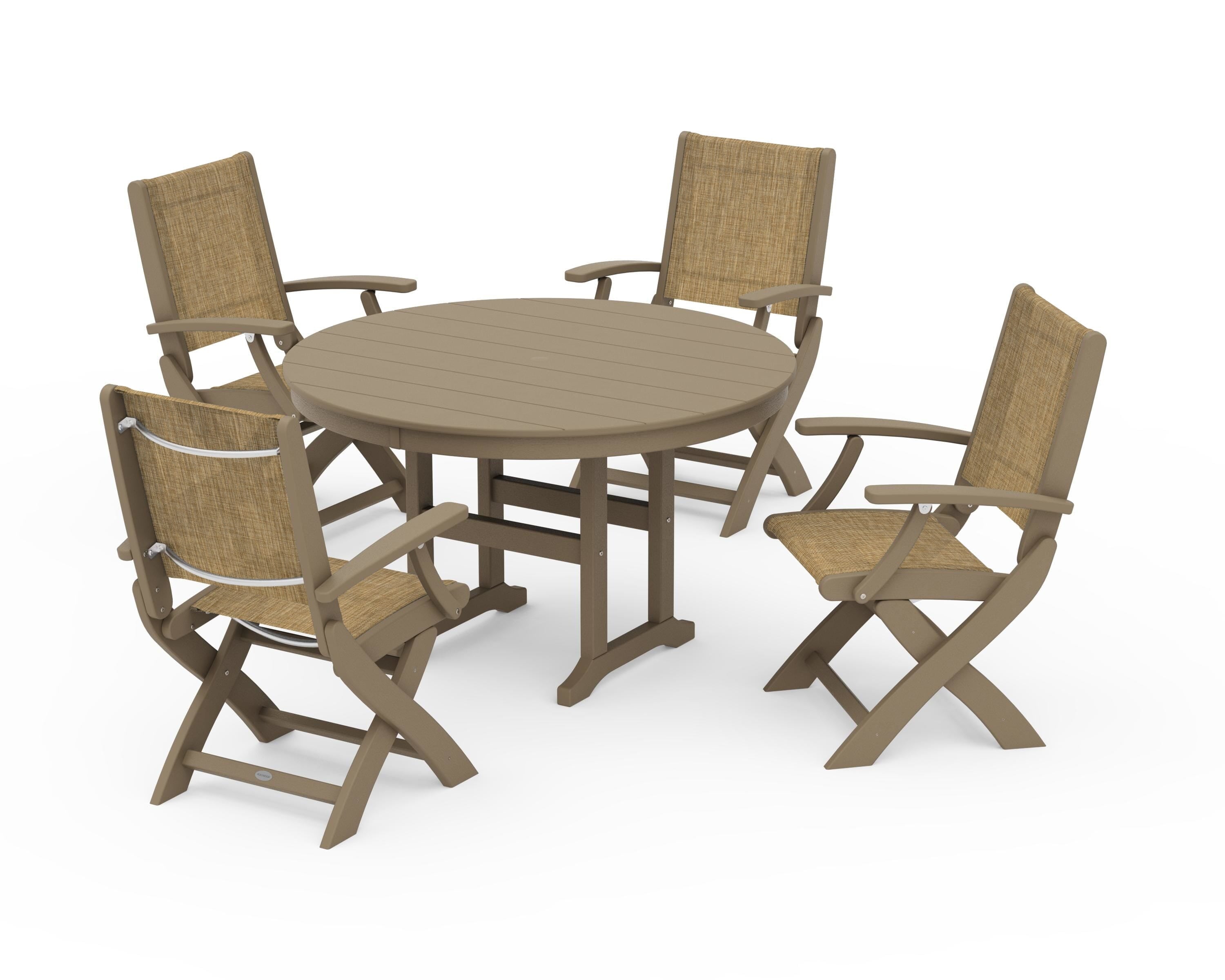 POLYWOOD Coastal Folding Chair 5-Piece Round Dining Set in Vintage Sahara / Burlap Sling