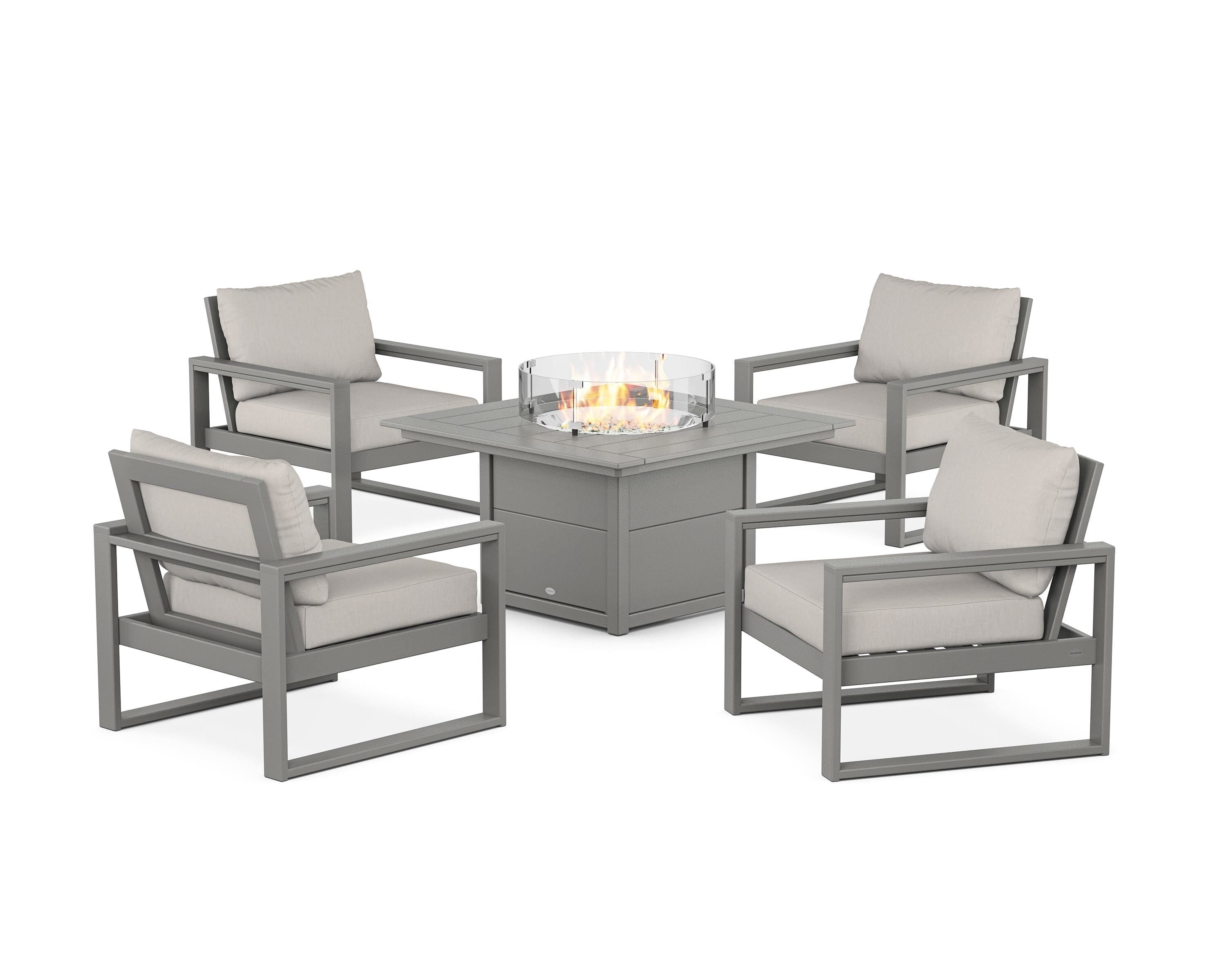 POLYWOOD EDGE Sectional 5-Piece Deep Seating Set with Fire Pit Table in Slate Grey / Cast Ash