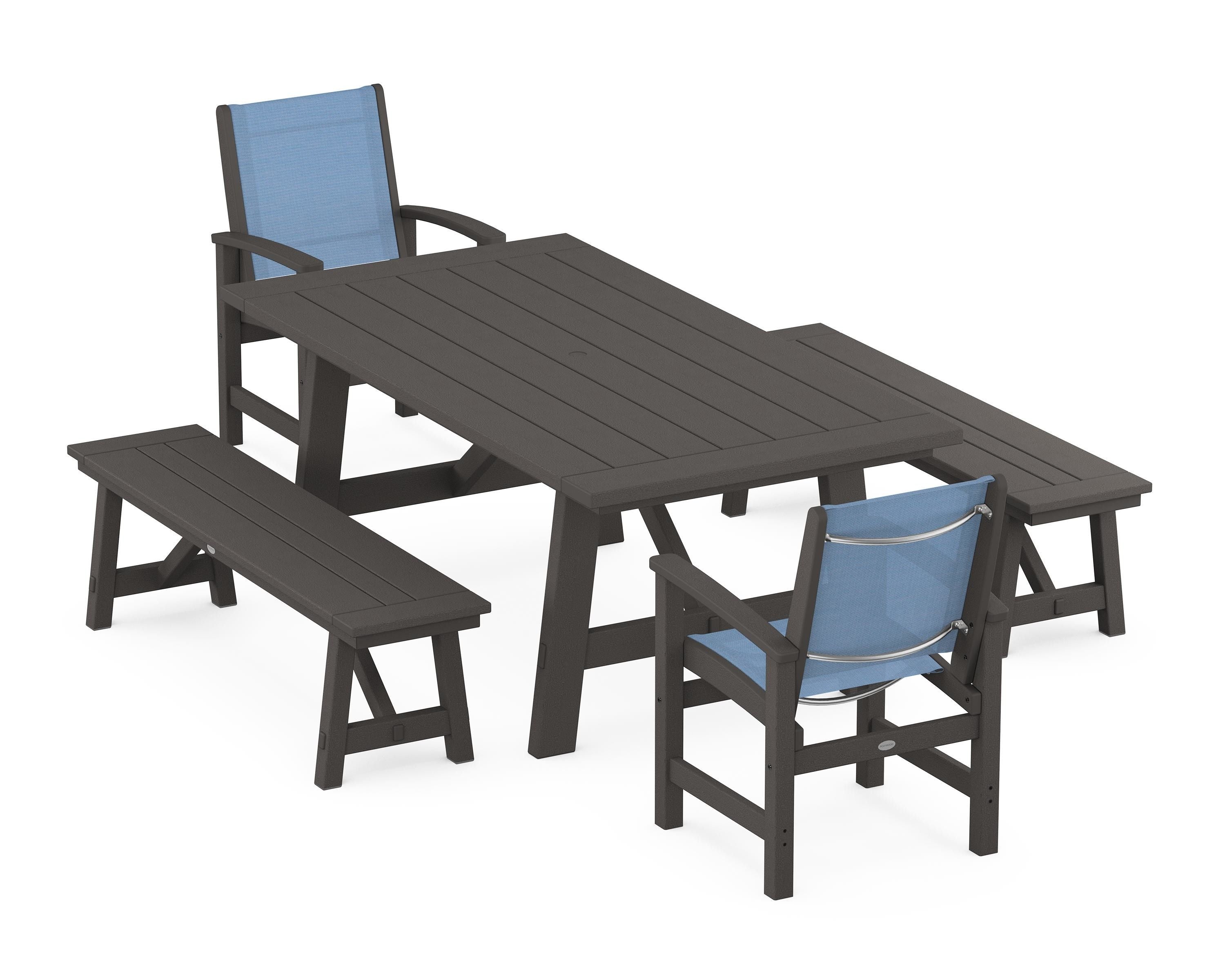POLYWOOD Coastal 5-Piece Rustic Farmhouse Dining Set With Benches in Vintage Coffee / Poolside Sling