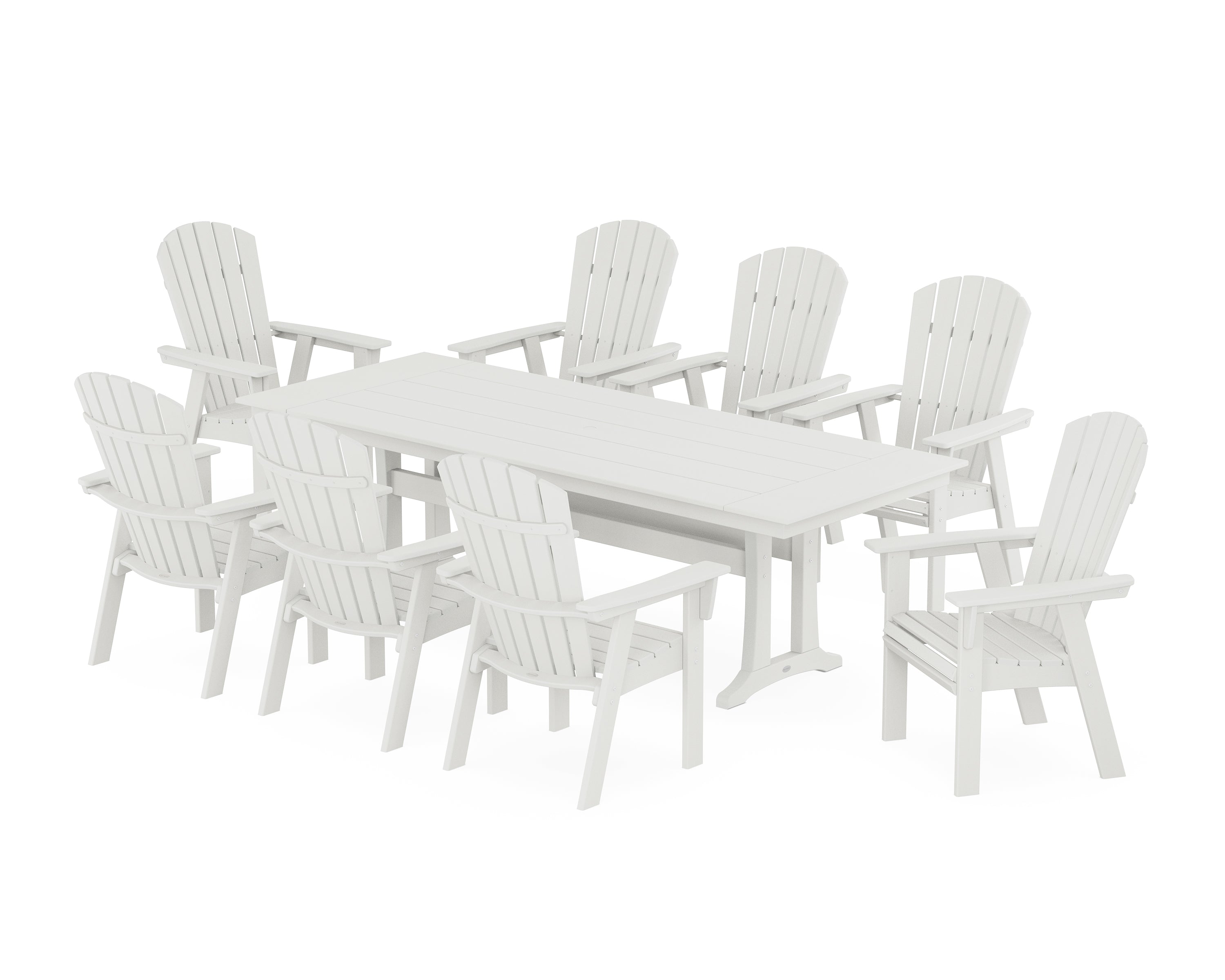 POLYWOOD® Nautical 9-Piece Curveback Adirondack Farmhouse Dining Set with Trestle Legs in Vintage White