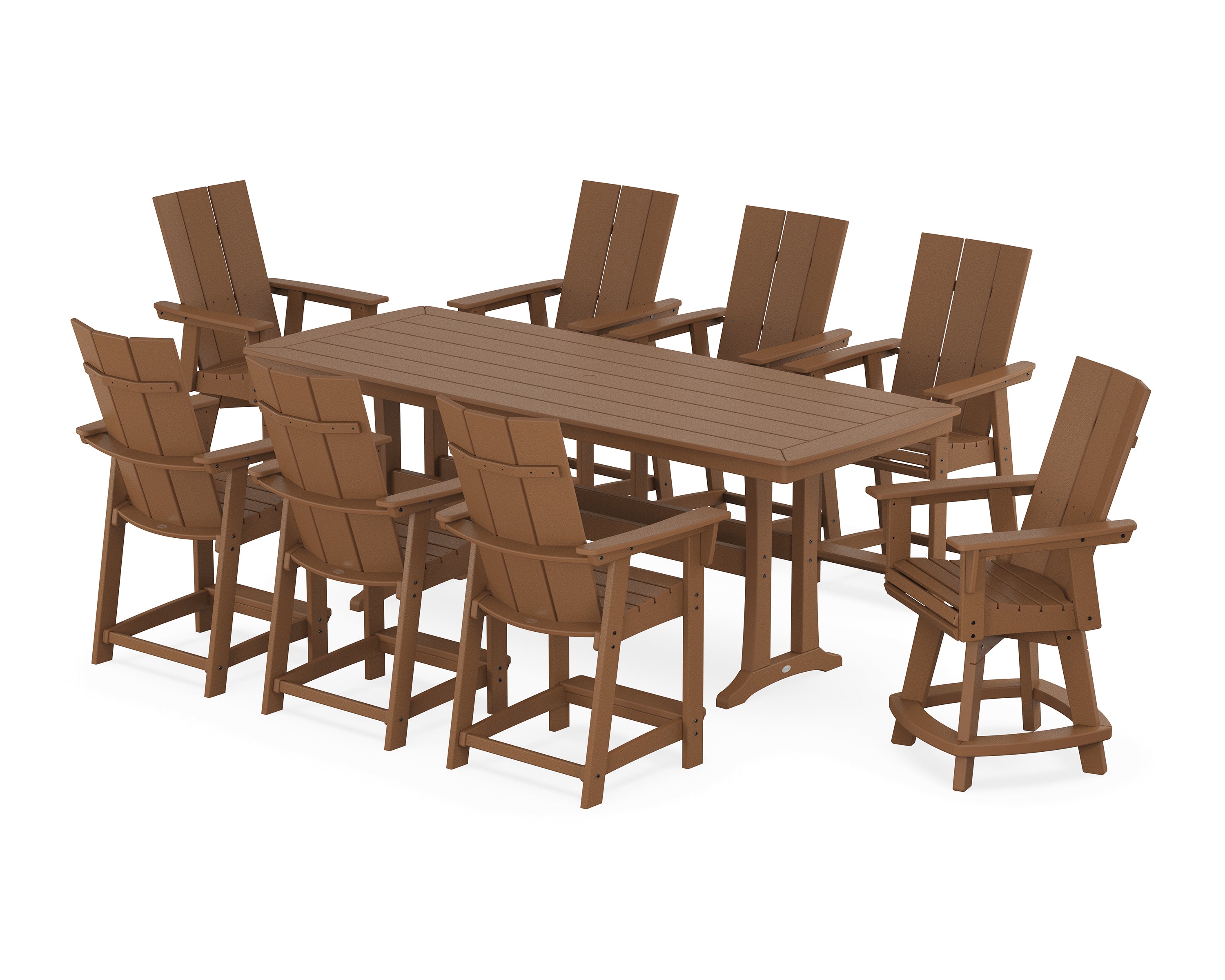 POLYWOOD® Modern Curveback Adirondack Swivel 9-Piece Counter Set with Trestle Legs in Teak