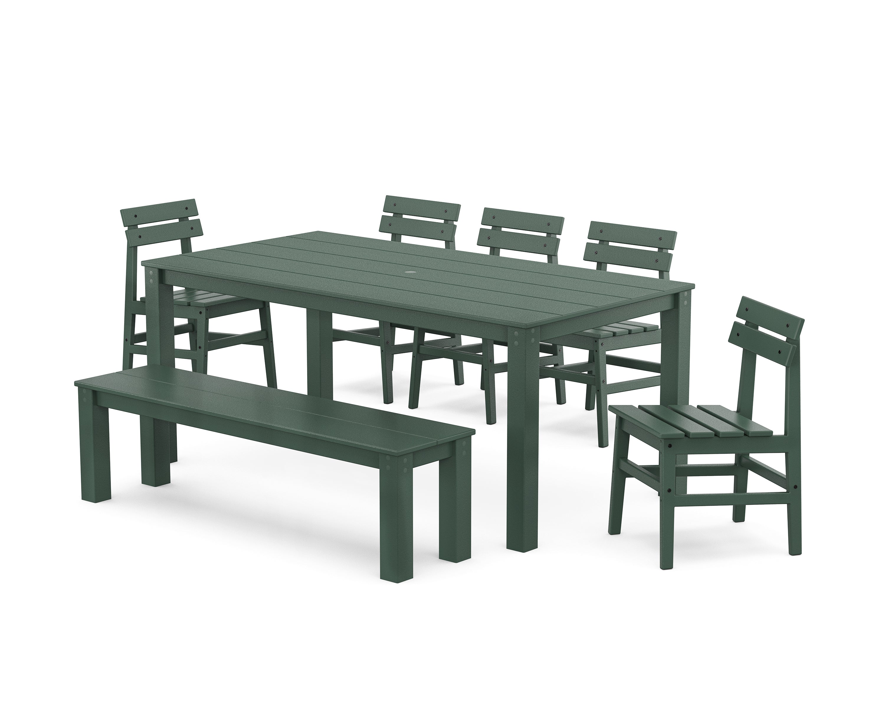 POLYWOOD Modern Studio Plaza Chair 7-Piece Parsons Dining Set with Bench in Green