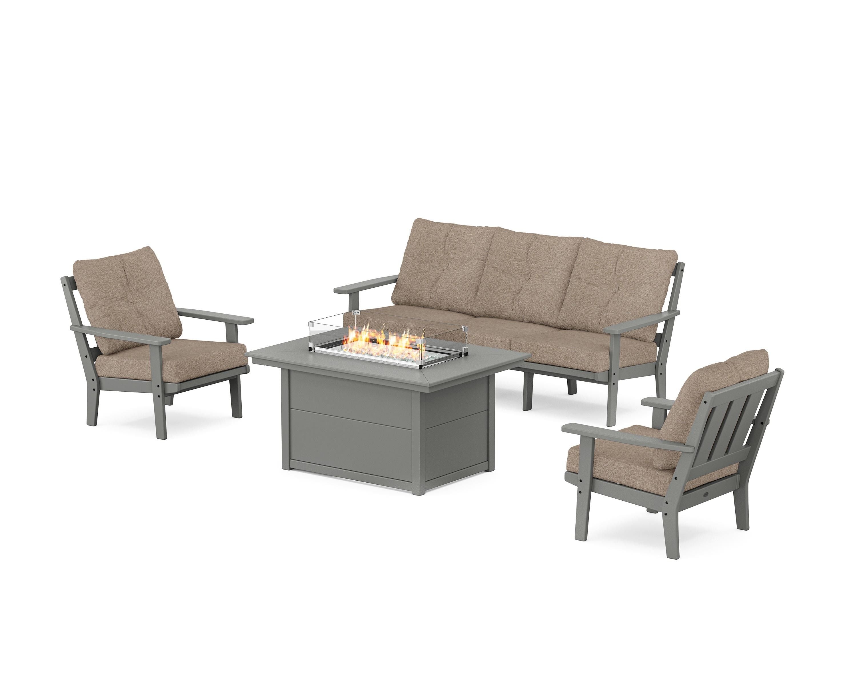 POLYWOOD Oxford Deep Seating Fire Pit Table Set in Slate Grey / Spiced Burlap