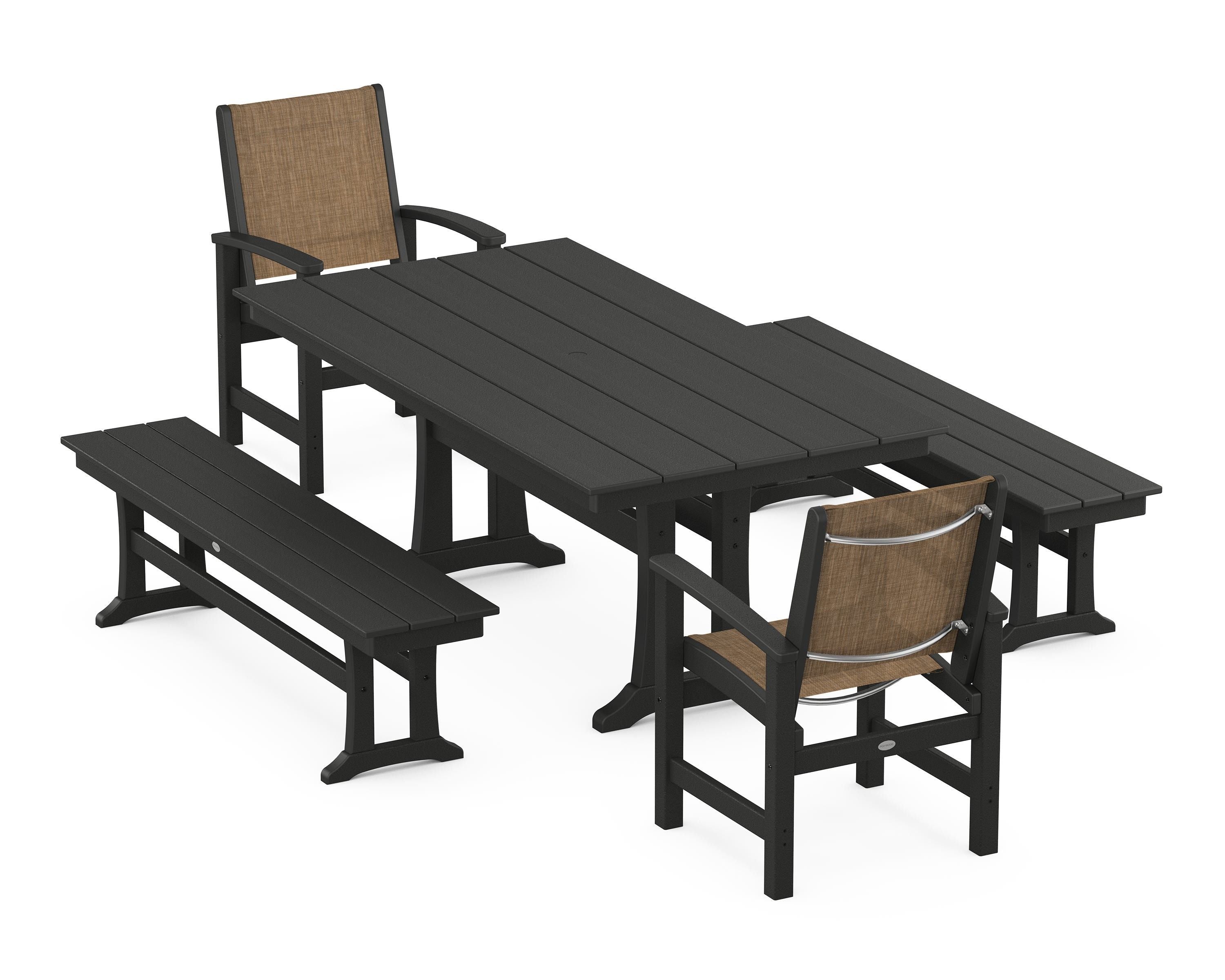 POLYWOOD Coastal 5-Piece Farmhouse Dining Set with Trestle Legs and Benches in Black / Burlap Sling