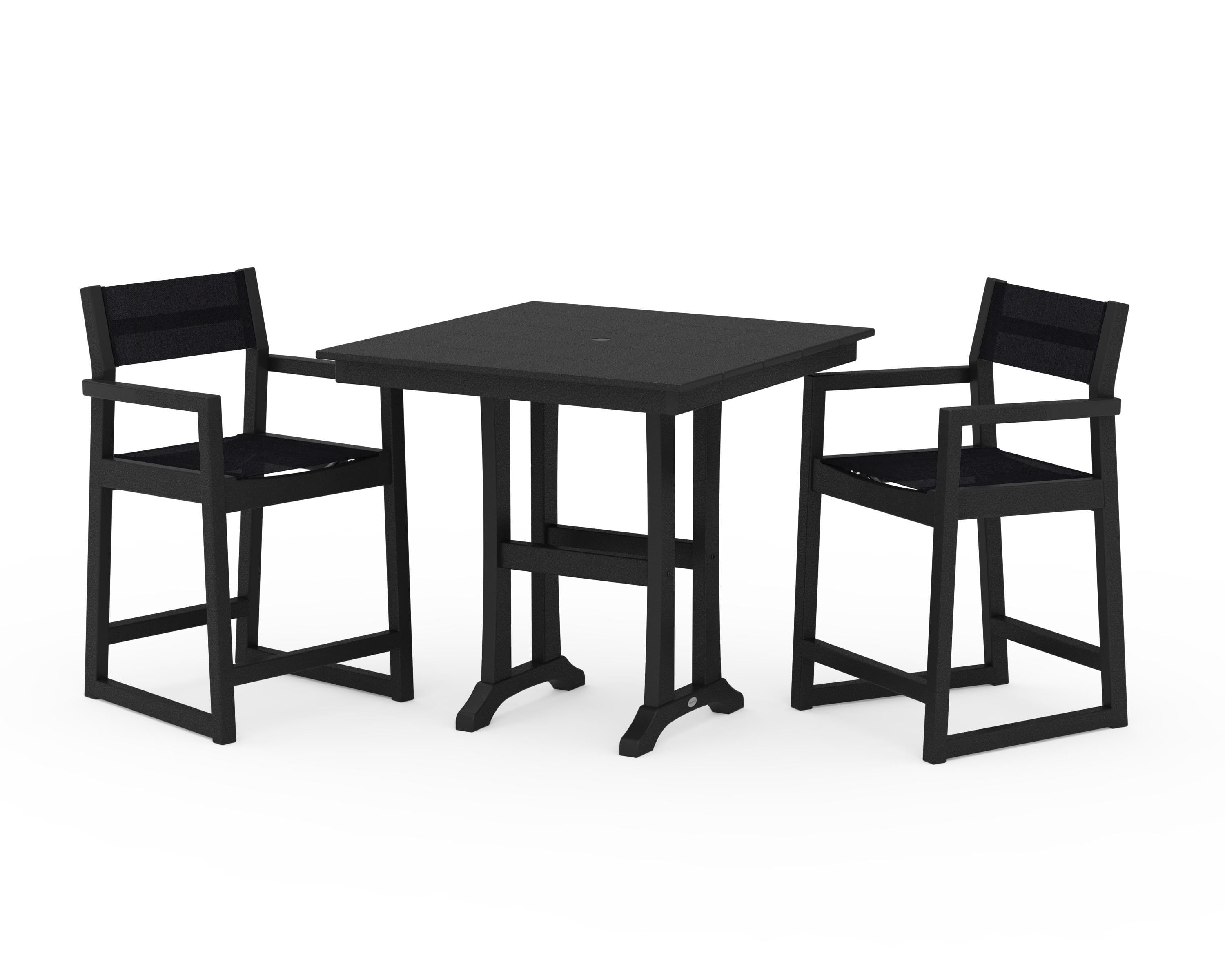 POLYWOOD EDGE Sling Arm Chair 3-Piece Farmhouse Counter Set with Trestle Legs in Black / Black Sling