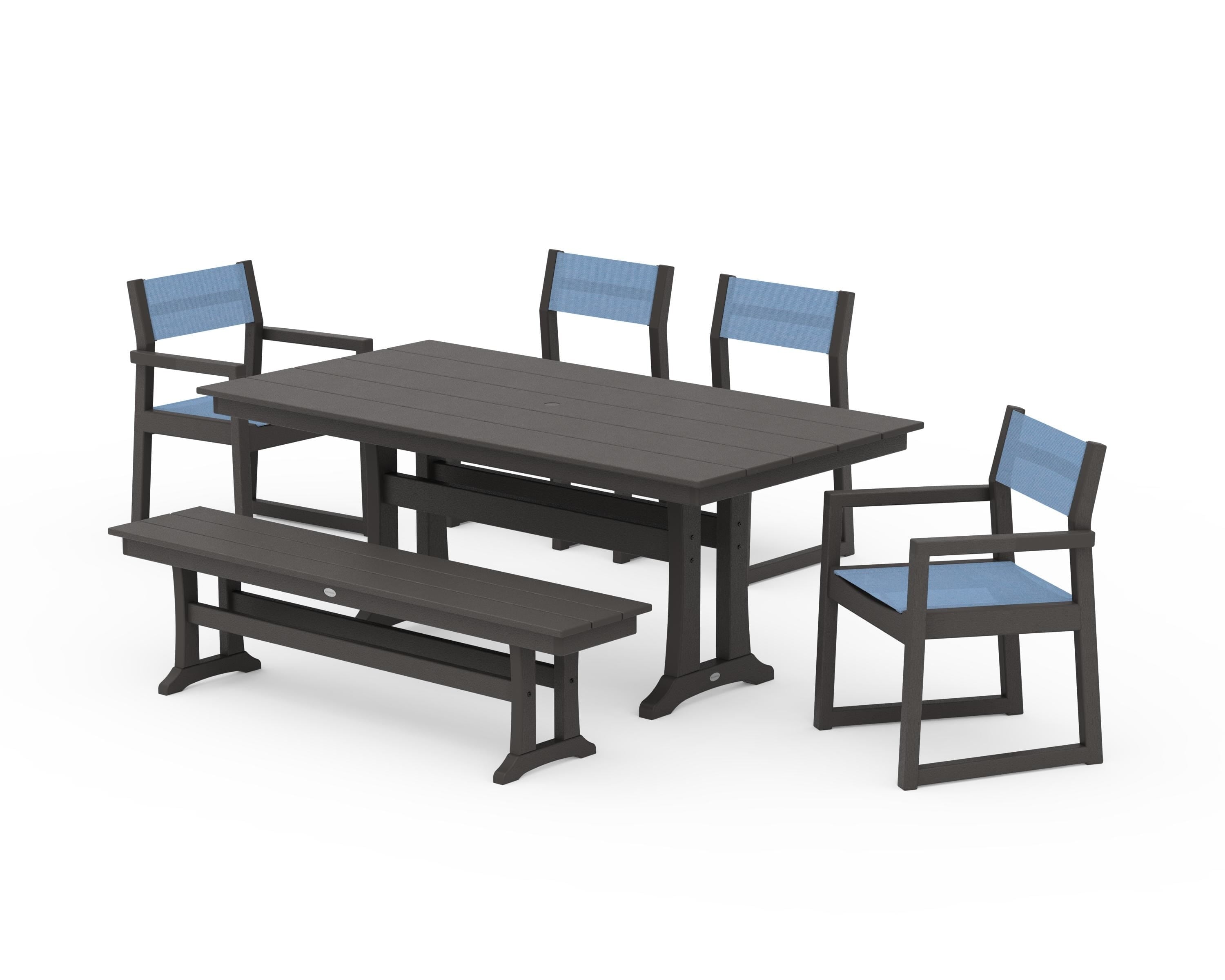 POLYWOOD EDGE Sling 6-Piece Farmhouse Dining Set With Trestle Legs in Vintage Coffee / Poolside Sling