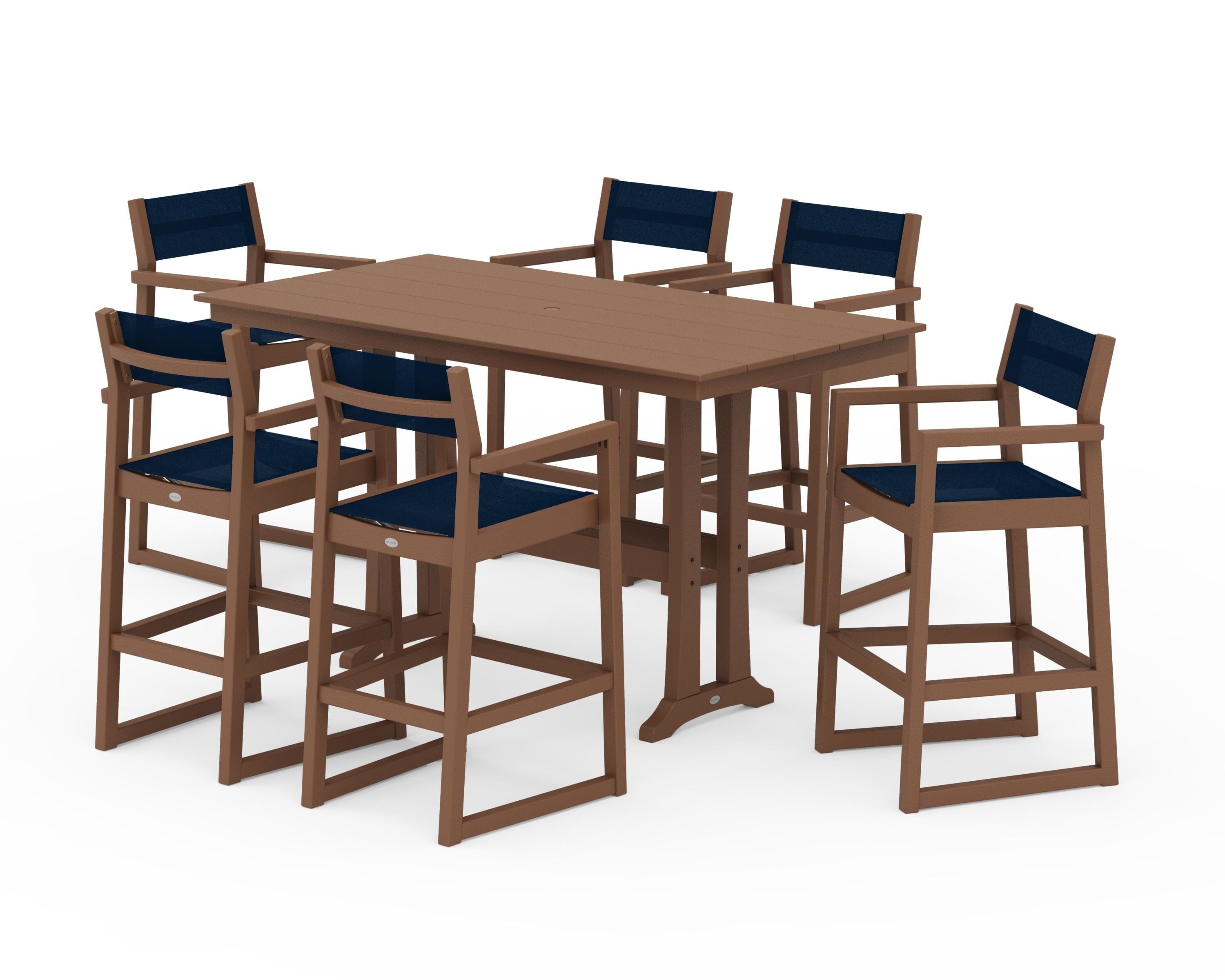 POLYWOOD EDGE Sling Arm Chair 7-Piece Farmhouse Bar Set with Trestle Legs in Teak / Navy Blue Sling