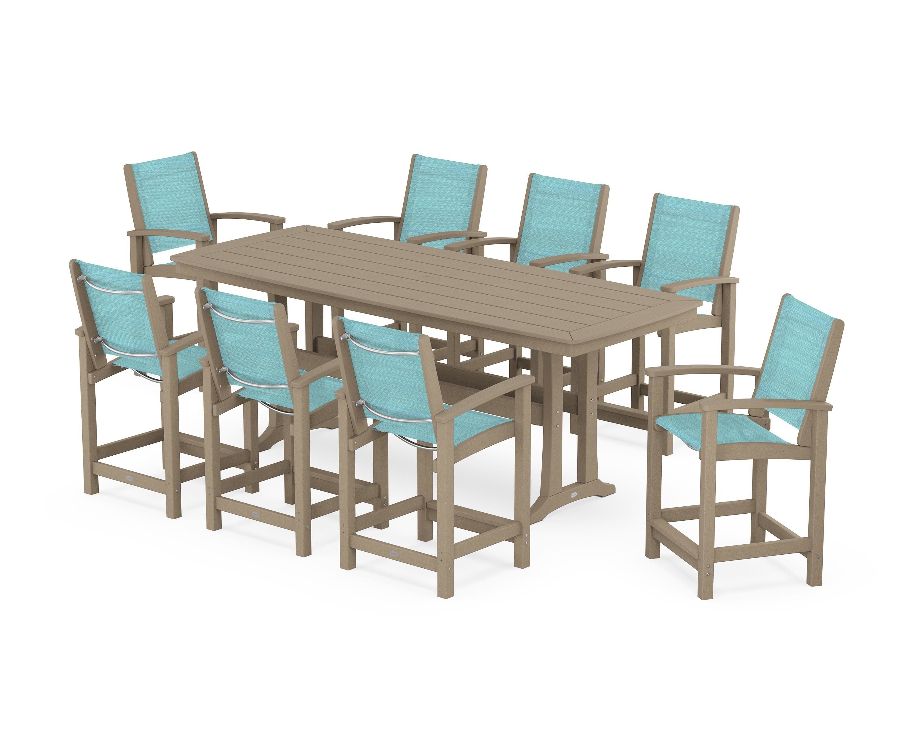 POLYWOOD Coastal 9-Piece Counter Set with Trestle Legs in Vintage Sahara / Dupioni Aquamarine Sling