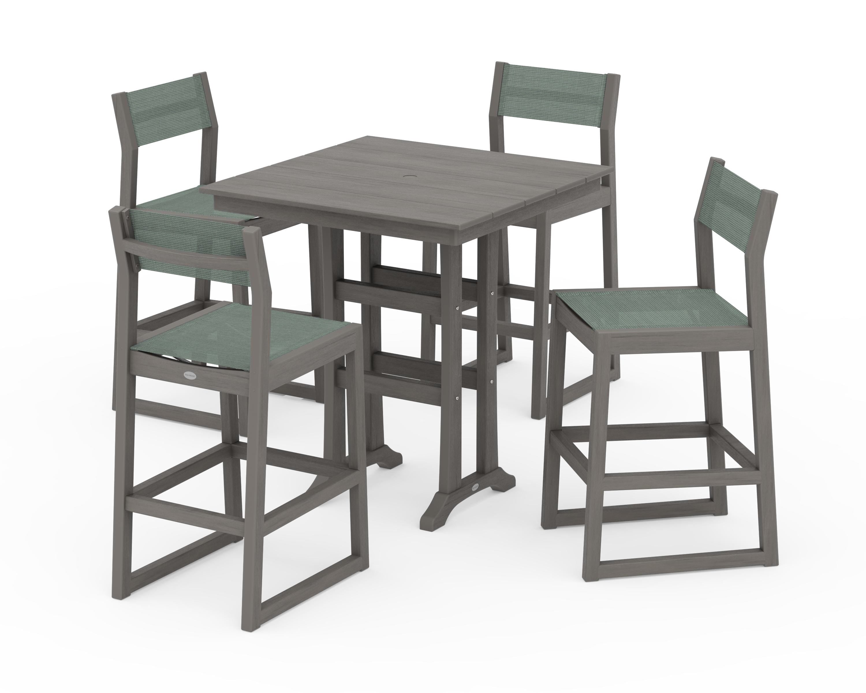POLYWOOD EDGE Sling Arm Chair 5-Piece Farmhouse Bar Set with Trestle Legs in Driftwood / Dupioni Sea Mist Sling