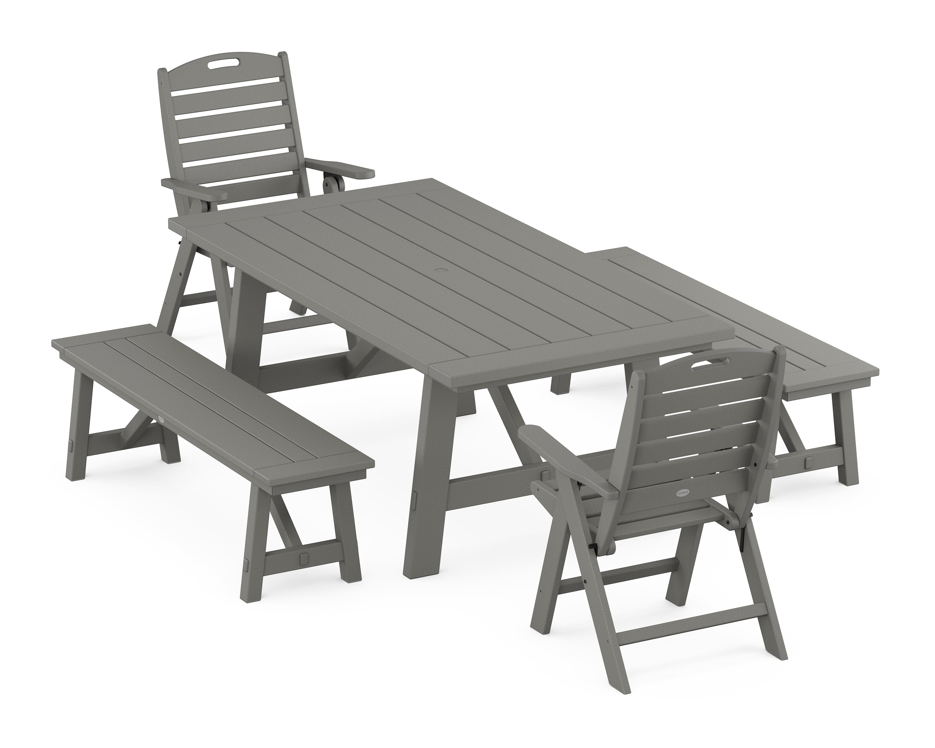 POLYWOOD Nautical Folding Highback Chair 5-Piece Rustic Farmhouse Dining Set With Benches in Slate Grey