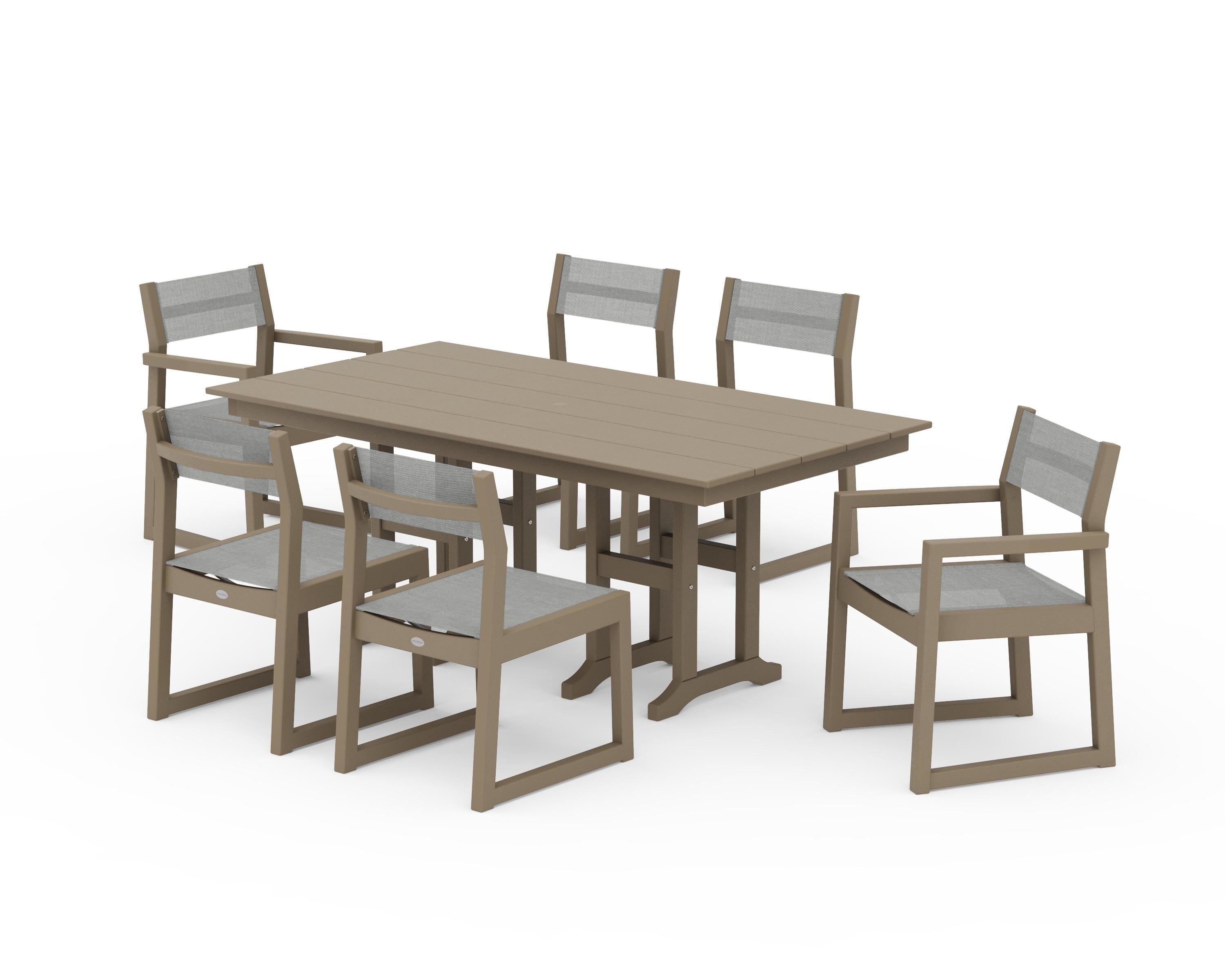 POLYWOOD EDGE Sling 7-Piece Farmhouse Dining Set in Vintage Sahara / Metallic Sling