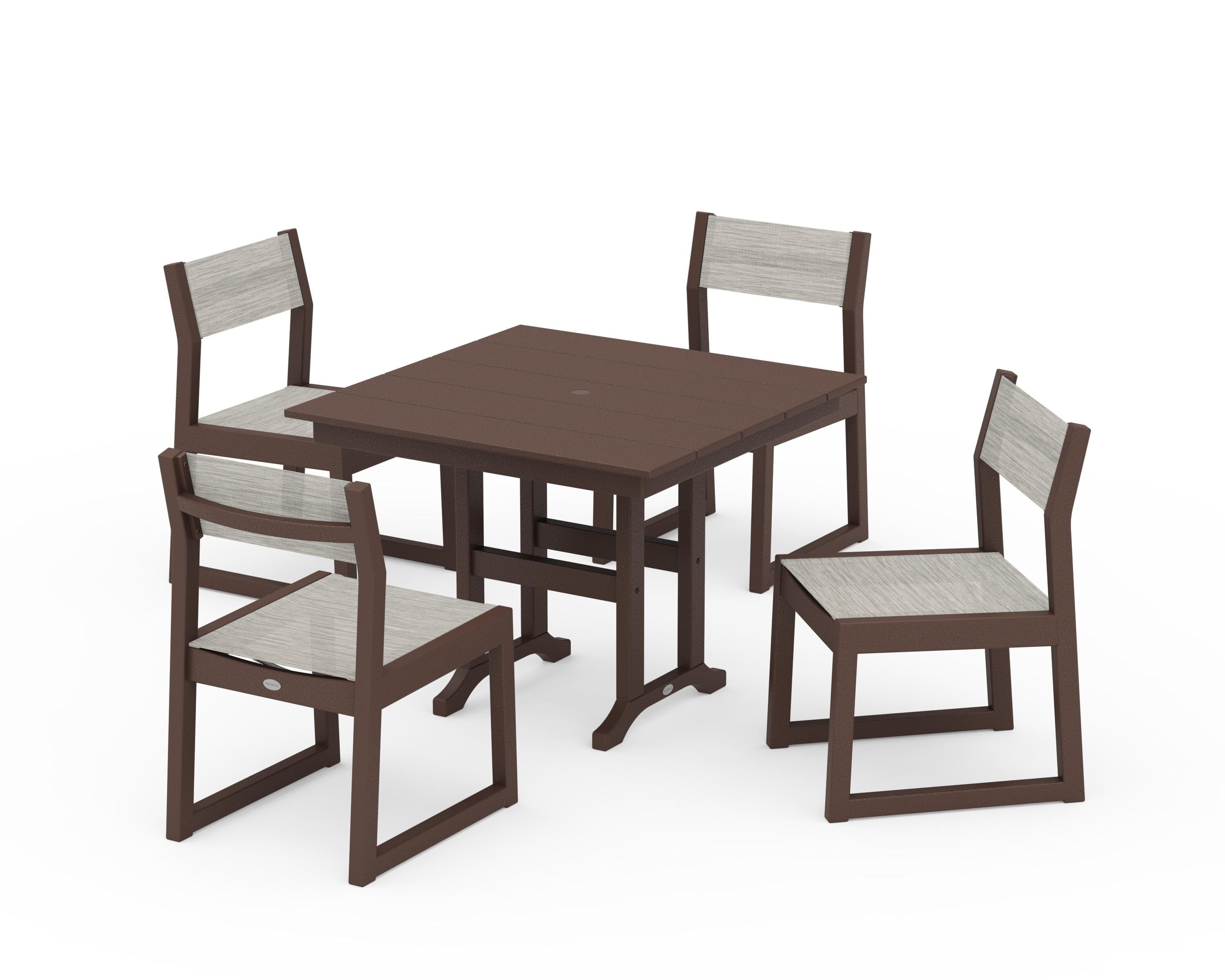 POLYWOOD EDGE Sling Side Chair 5-Piece Farmhouse Dining Set in Mahogany / Birch Sling