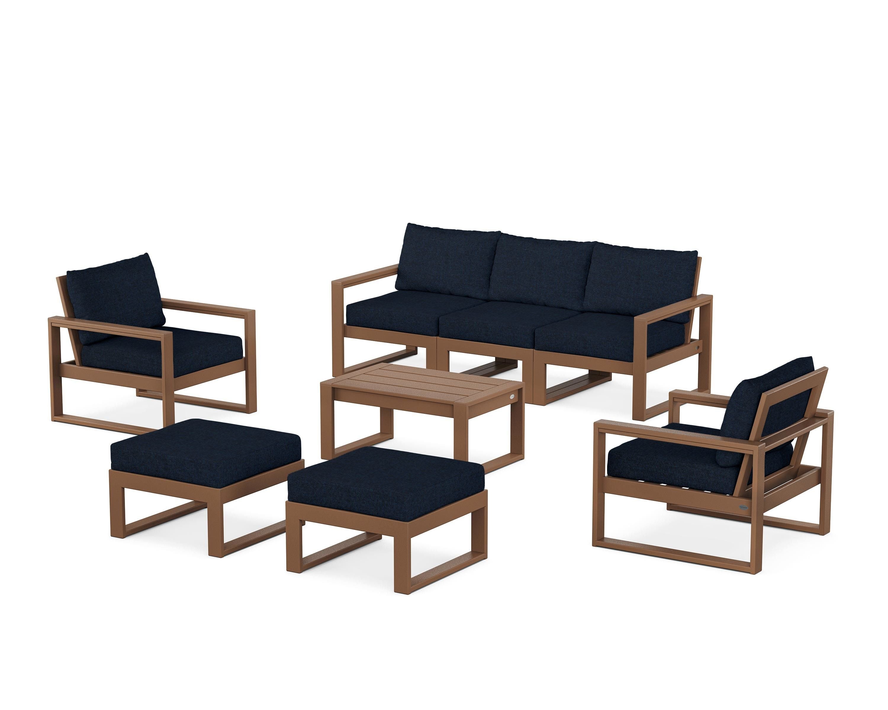 POLYWOOD EDGE Sectional 8-Piece Lounge Sofa Set in Teak / Marine Indigo
