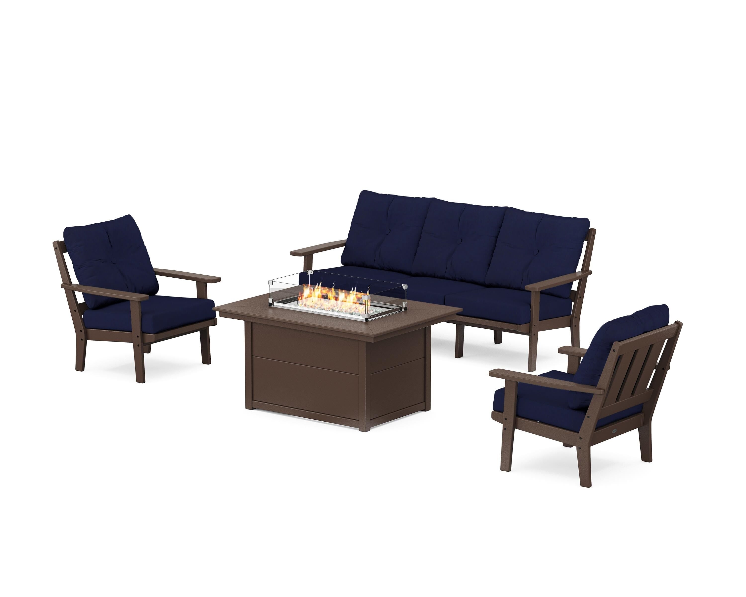 POLYWOOD Oxford Deep Seating Fire Pit Table Set in Mahogany / Navy