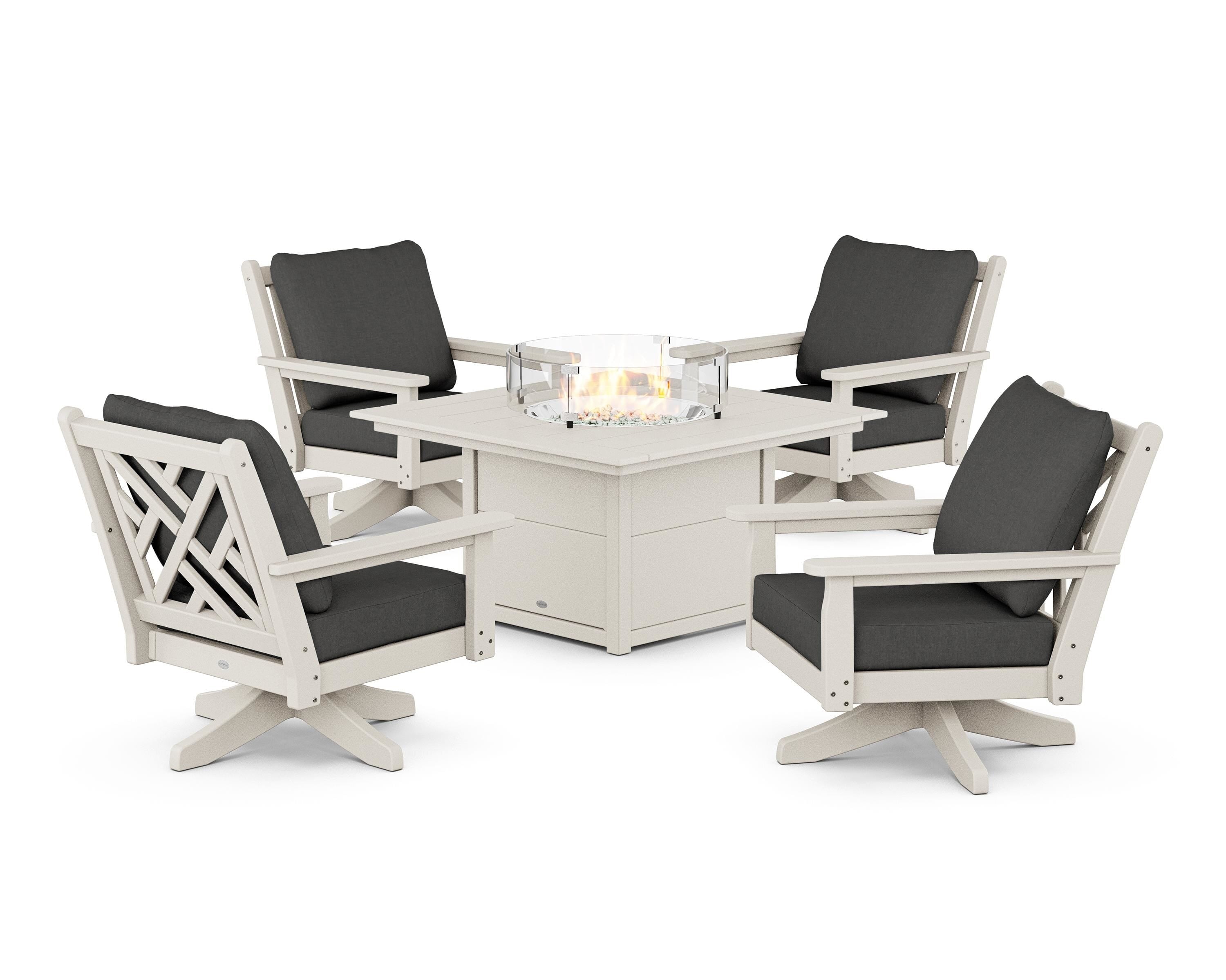 POLYWOOD Chippendale 5-Piece Deep Seating Swivel Conversation Set with Fire Pit Table in Sand / Spectrum Carbon