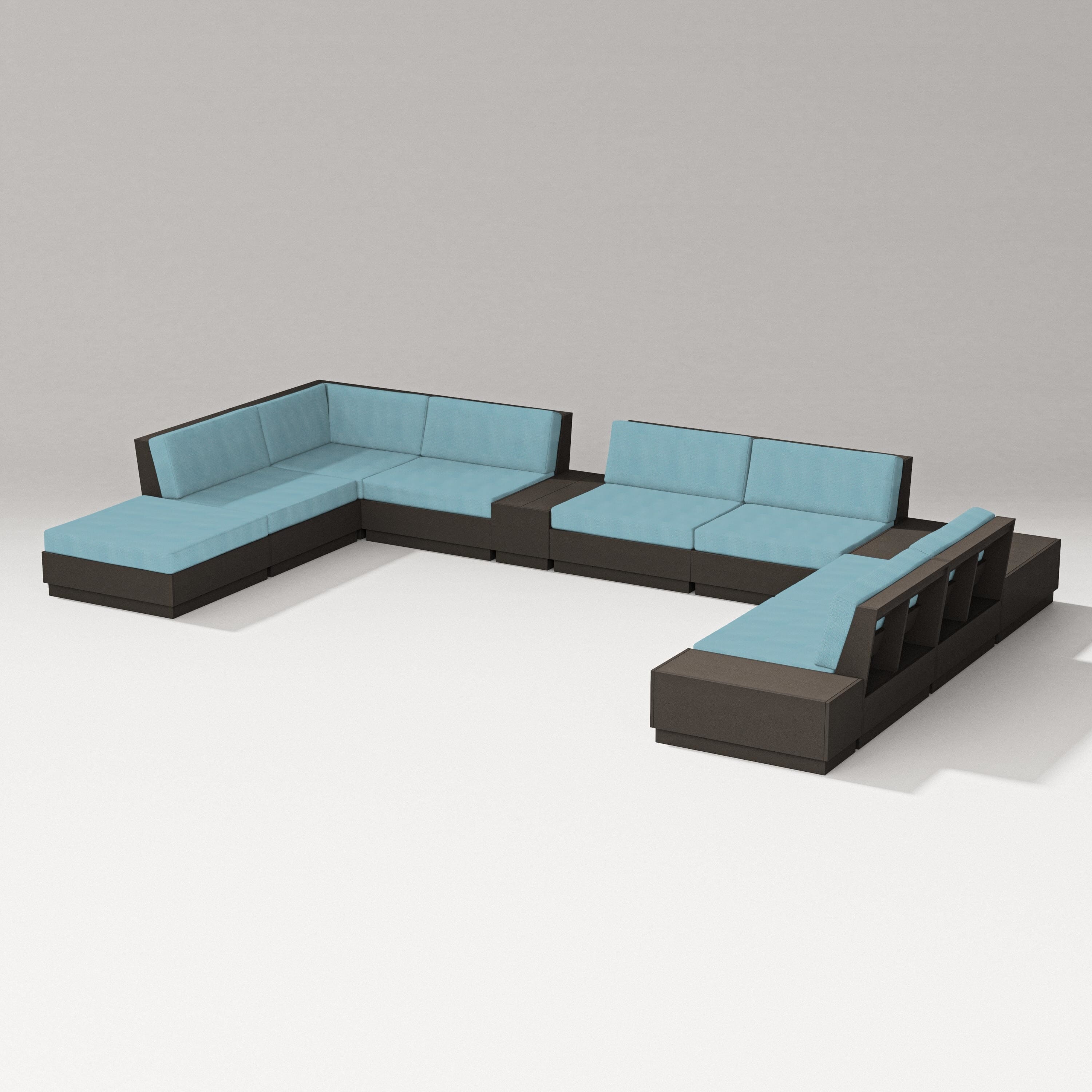 PW Designer Series Elevate 11-Piece Conversation Sectional Set in Vintage Coffee / Lattice Sky Blue