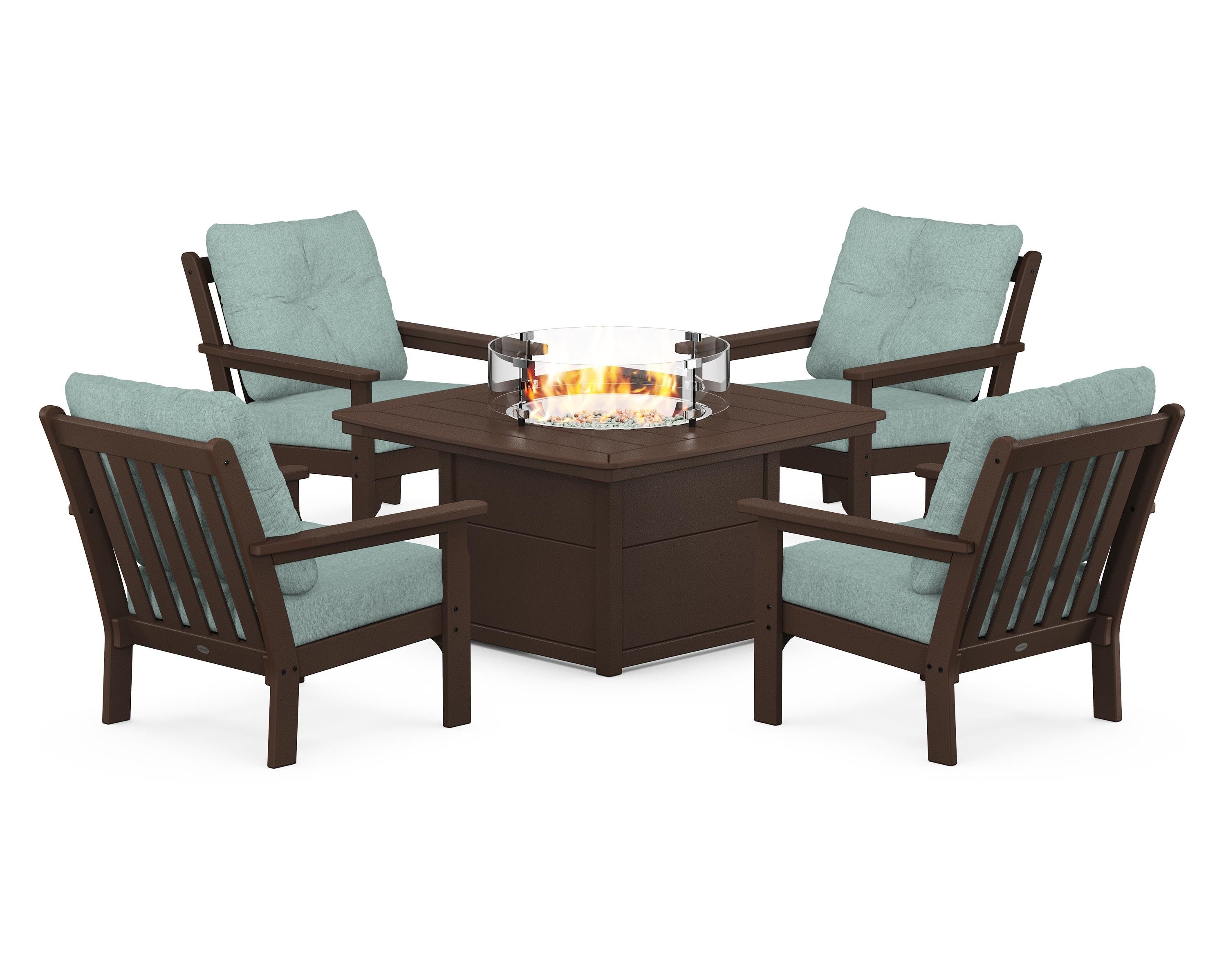 POLYWOOD Vineyard 5-Piece Conversation Set with Fire Pit Table in Mahogany / Glacier Spa
