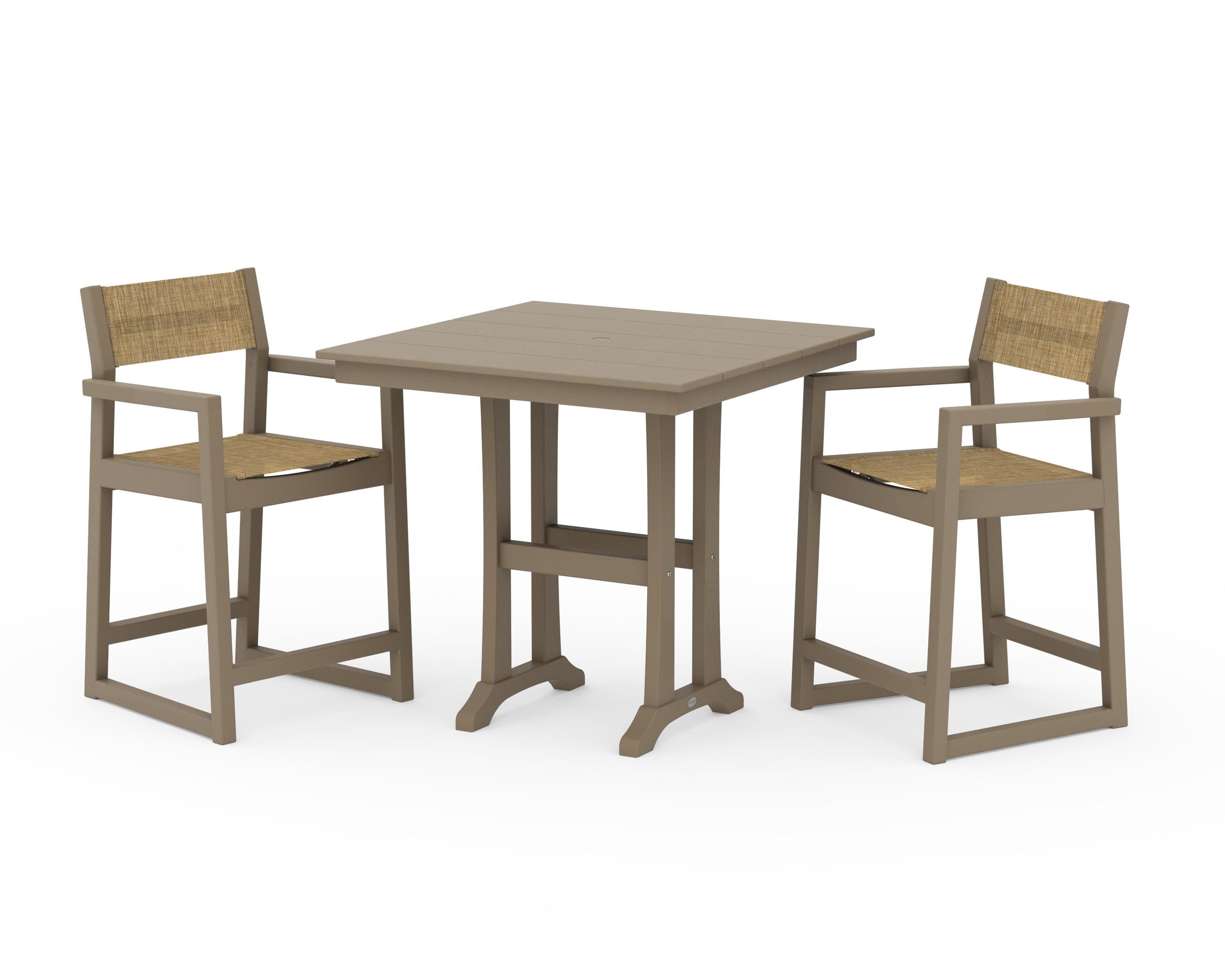 POLYWOOD EDGE Sling Arm Chair 3-Piece Farmhouse Counter Set with Trestle Legs in Vintage Sahara / Burlap Sling