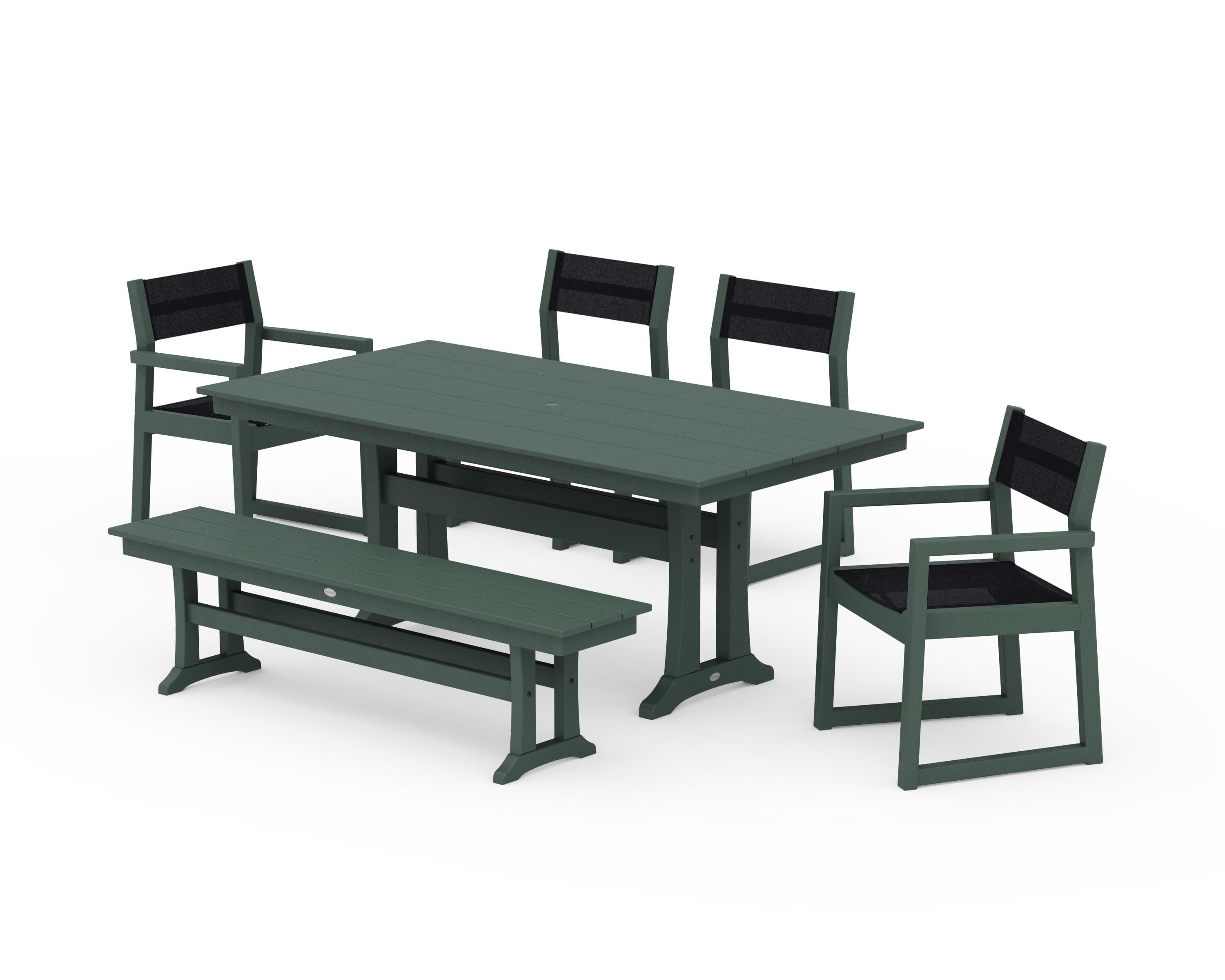 POLYWOOD EDGE Sling 6-Piece Farmhouse Dining Set With Trestle Legs in Green / Black Sling