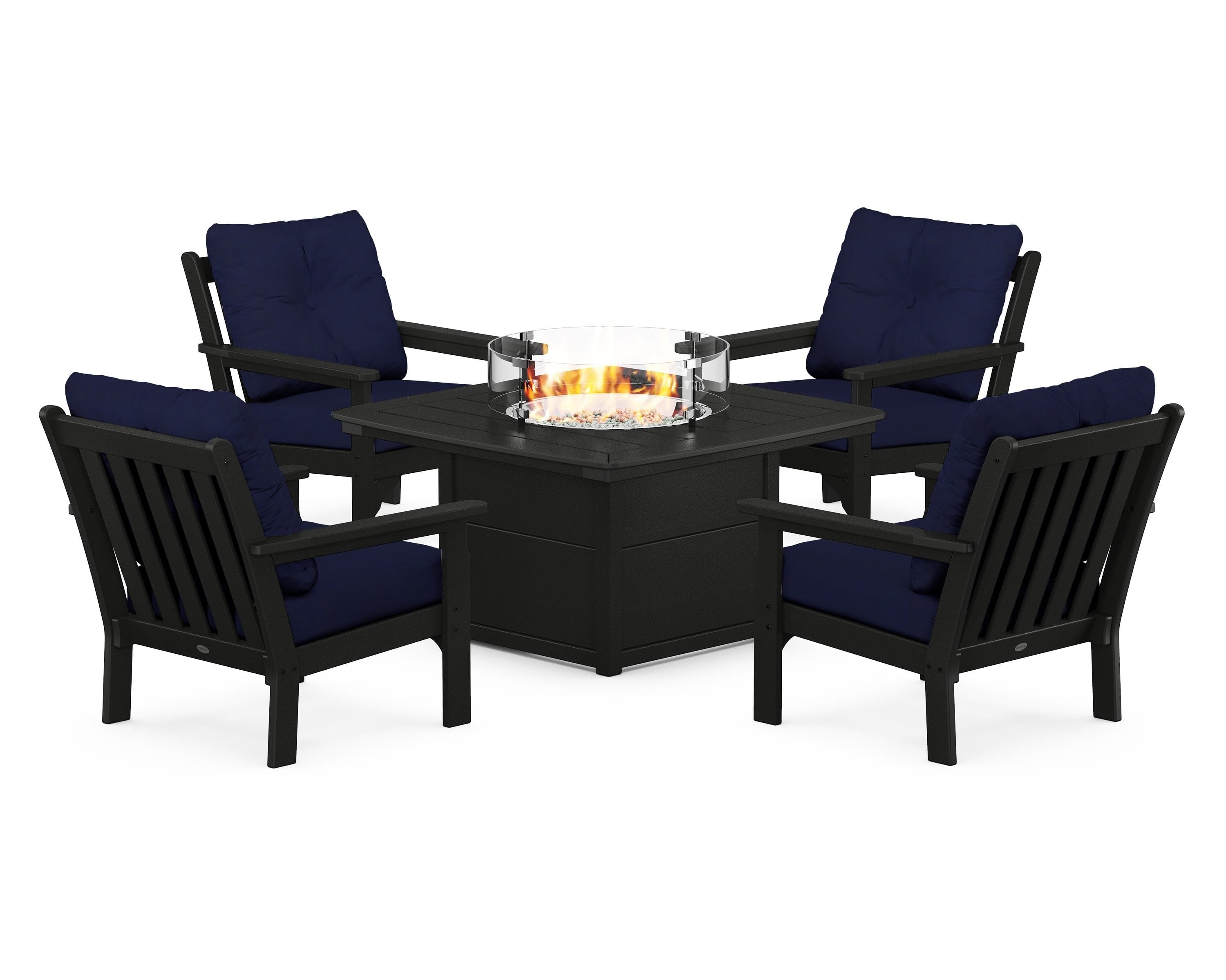 POLYWOOD Vineyard 5-Piece Conversation Set with Fire Pit Table in Black / Navy