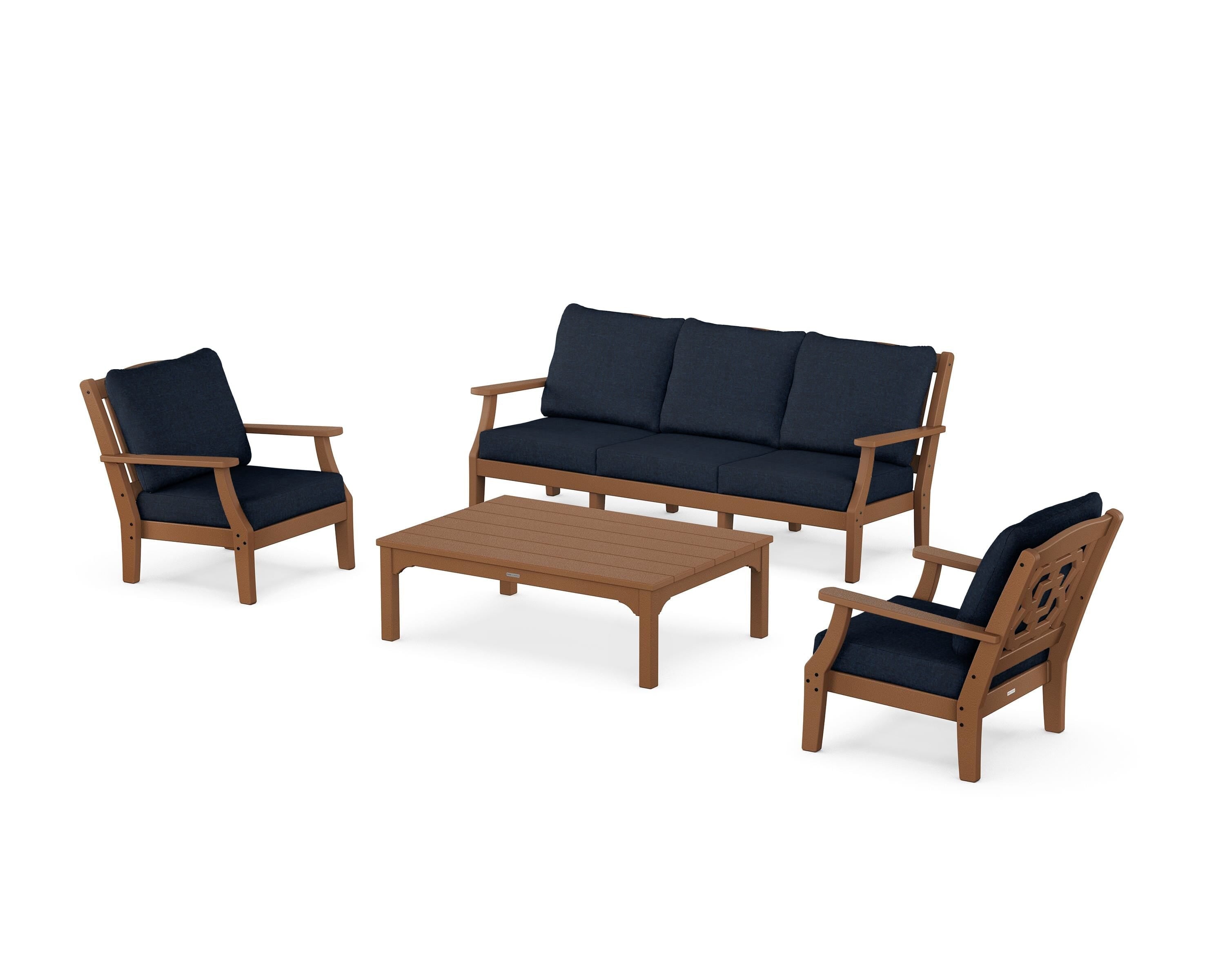Martha Stewart by POLYWOOD Chinoiserie 4-Piece Deep Seating Set with Sofa in Teak / Marine Indigo