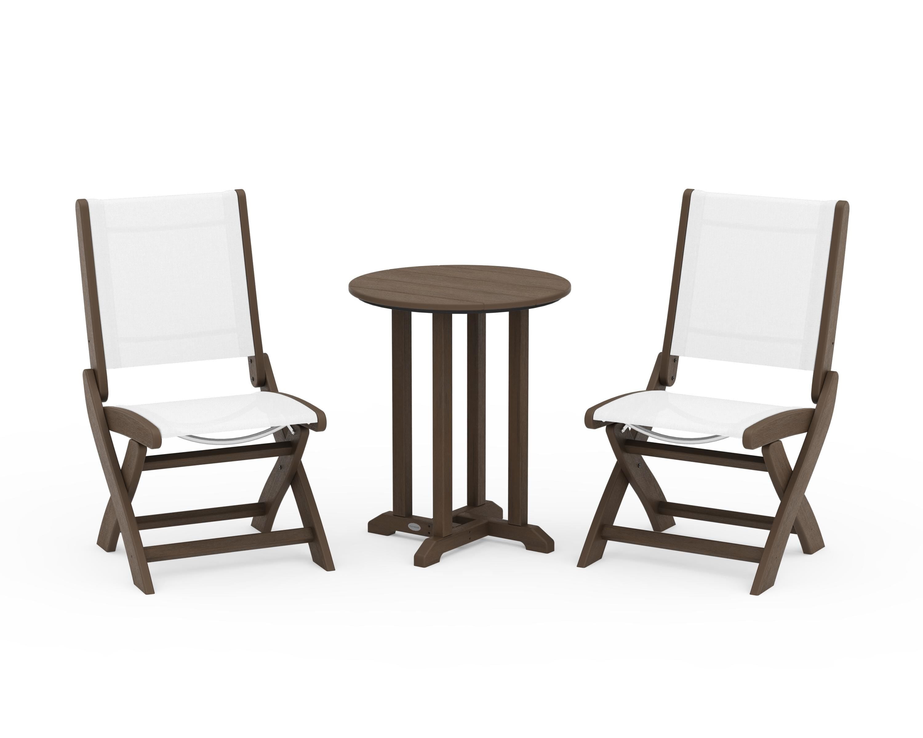 POLYWOOD Coastal Folding Side Chair 3-Piece Round Bistro Dining Set in Kona / White Sling
