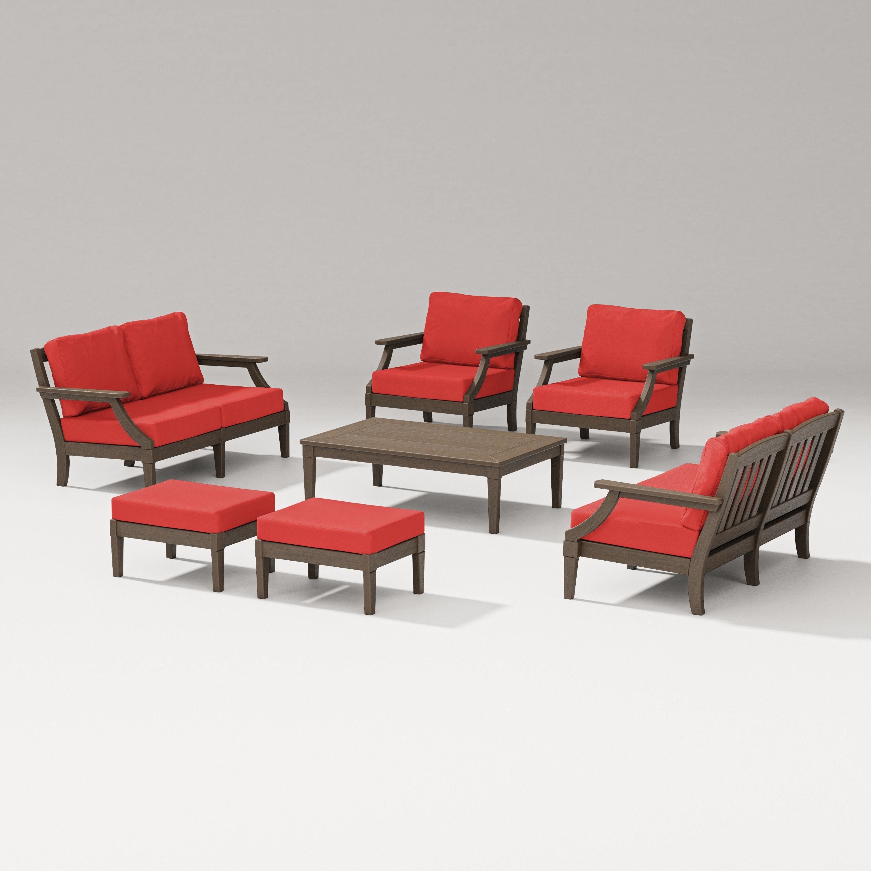 PW Designer Series Estate 7-Piece Lounge Loveseat Set in Kona / Crimson Linen