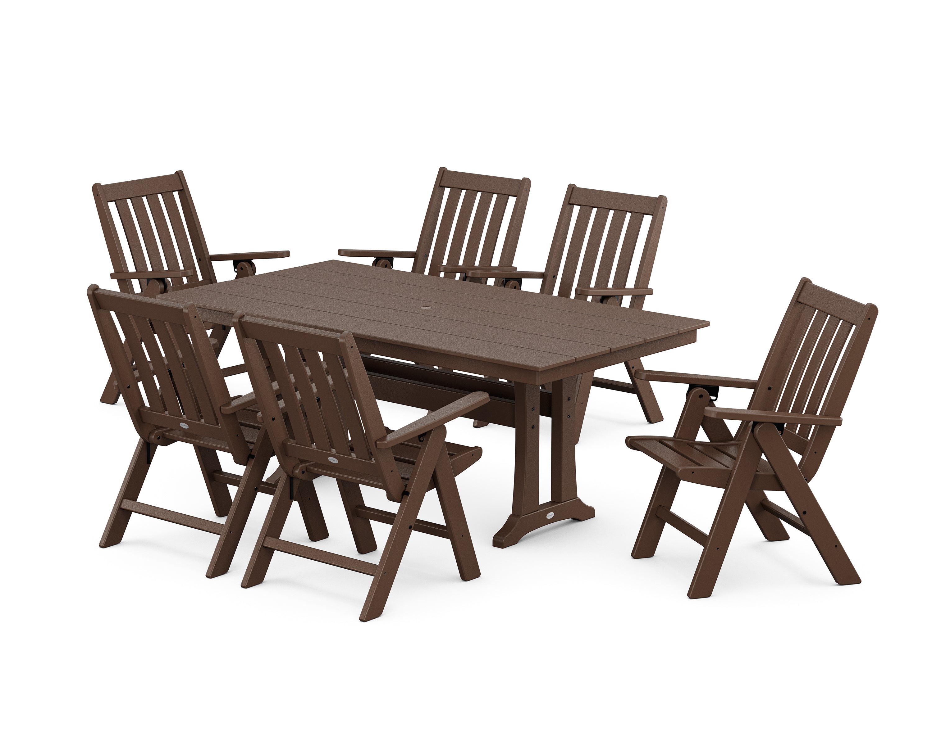 POLYWOOD Vineyard Folding Chair 7-Piece Farmhouse Dining Set with Trestle Legs in Mahogany