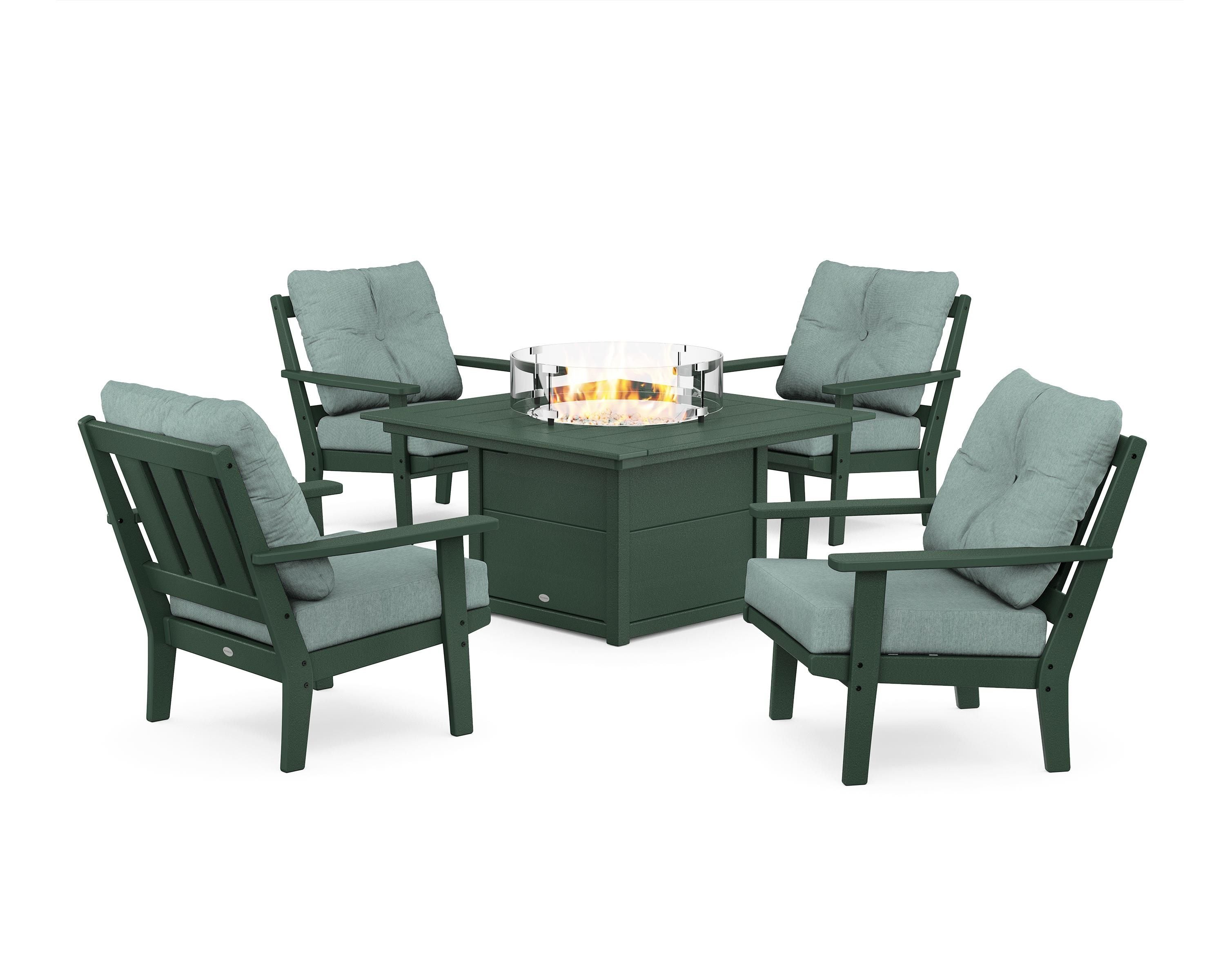 POLYWOOD Oxford 5-Piece Deep Seating Set with Fire Pit Table in Green / Glacier Spa