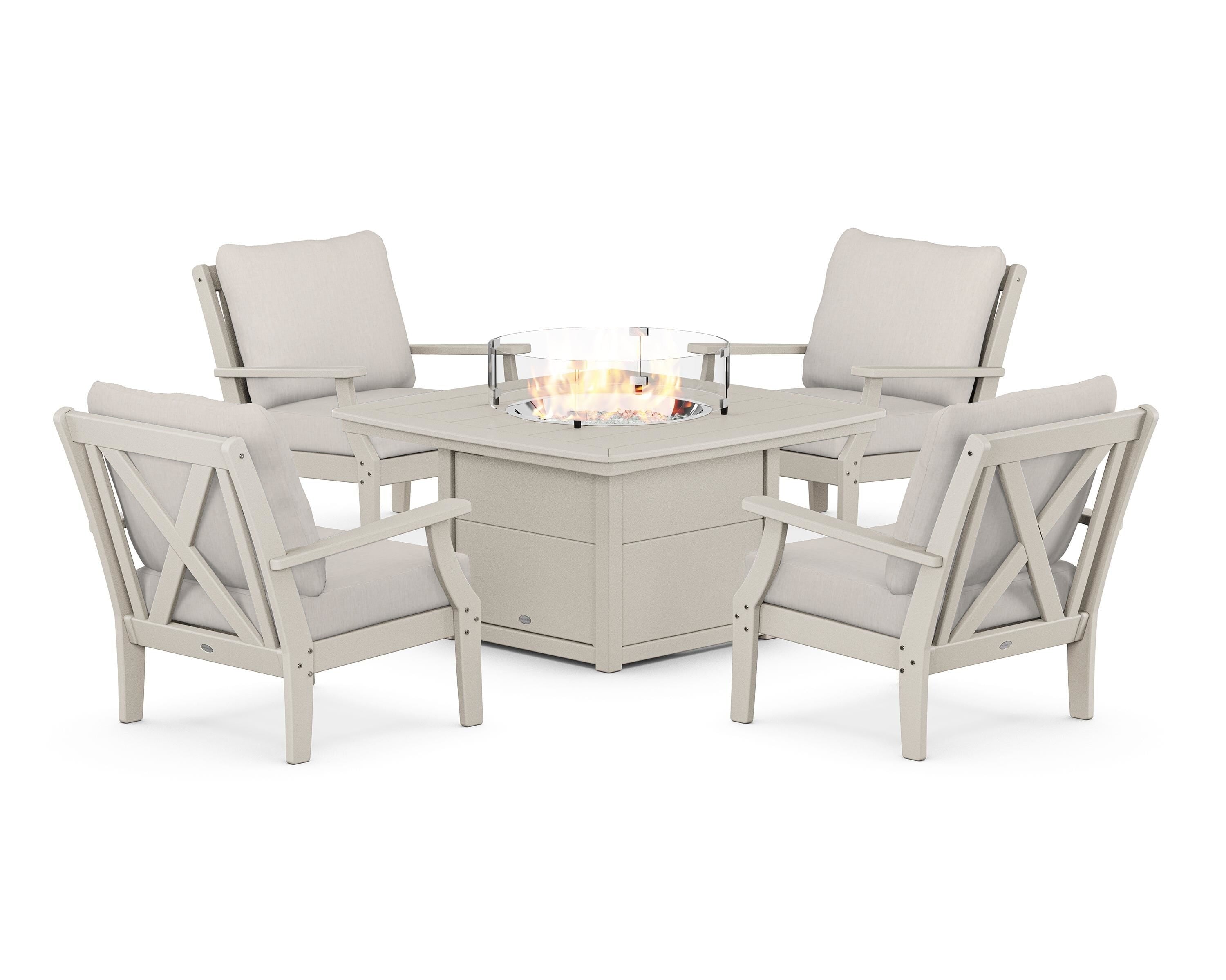 POLYWOOD Braxton 5-Piece Deep Seating Conversation Set with Fire Pit Table in Sand / Cast Ash