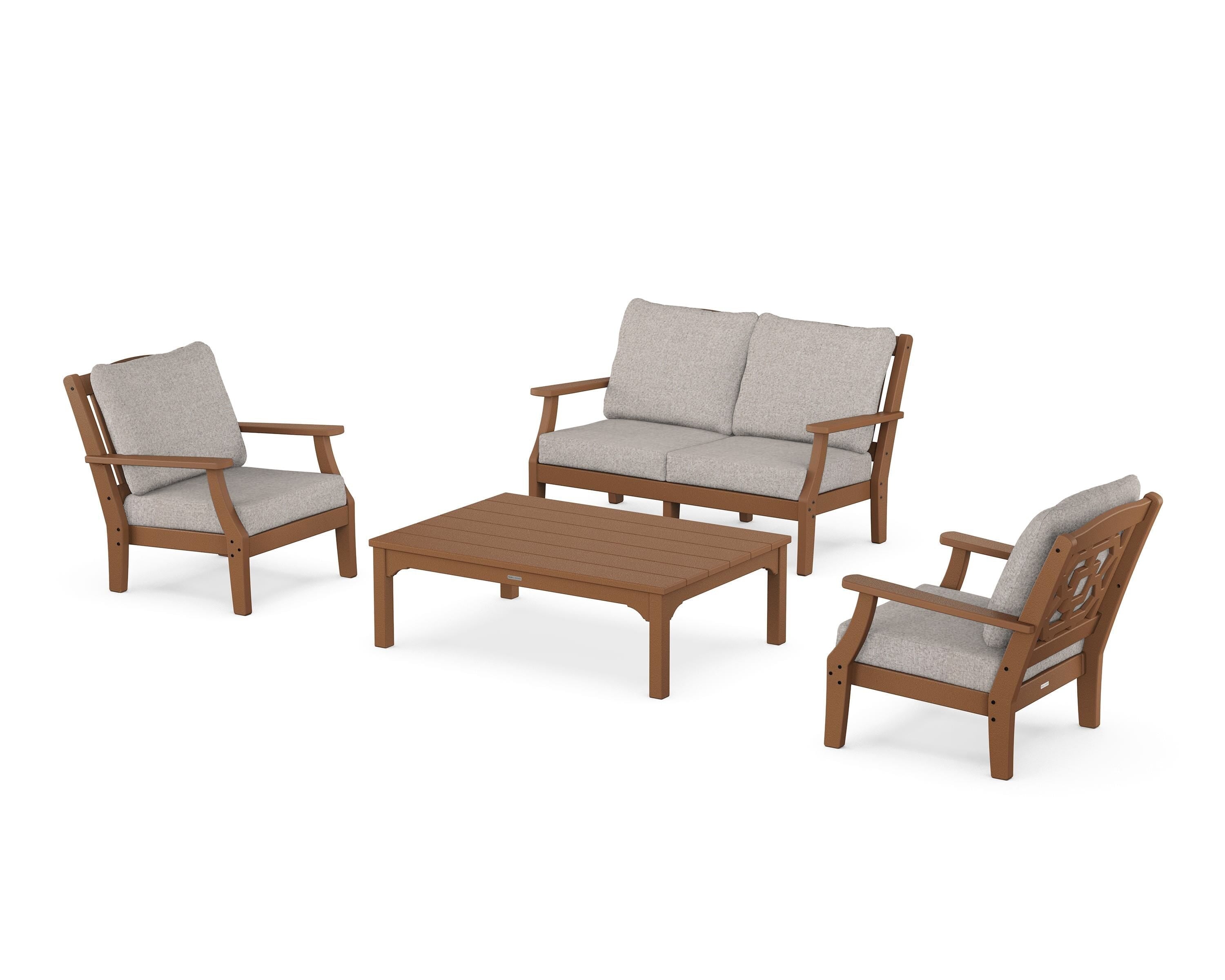 Martha Stewart by POLYWOOD Chinoiserie 4-Piece Deep Seating Set with Loveseat in Teak / Weathered Tweed