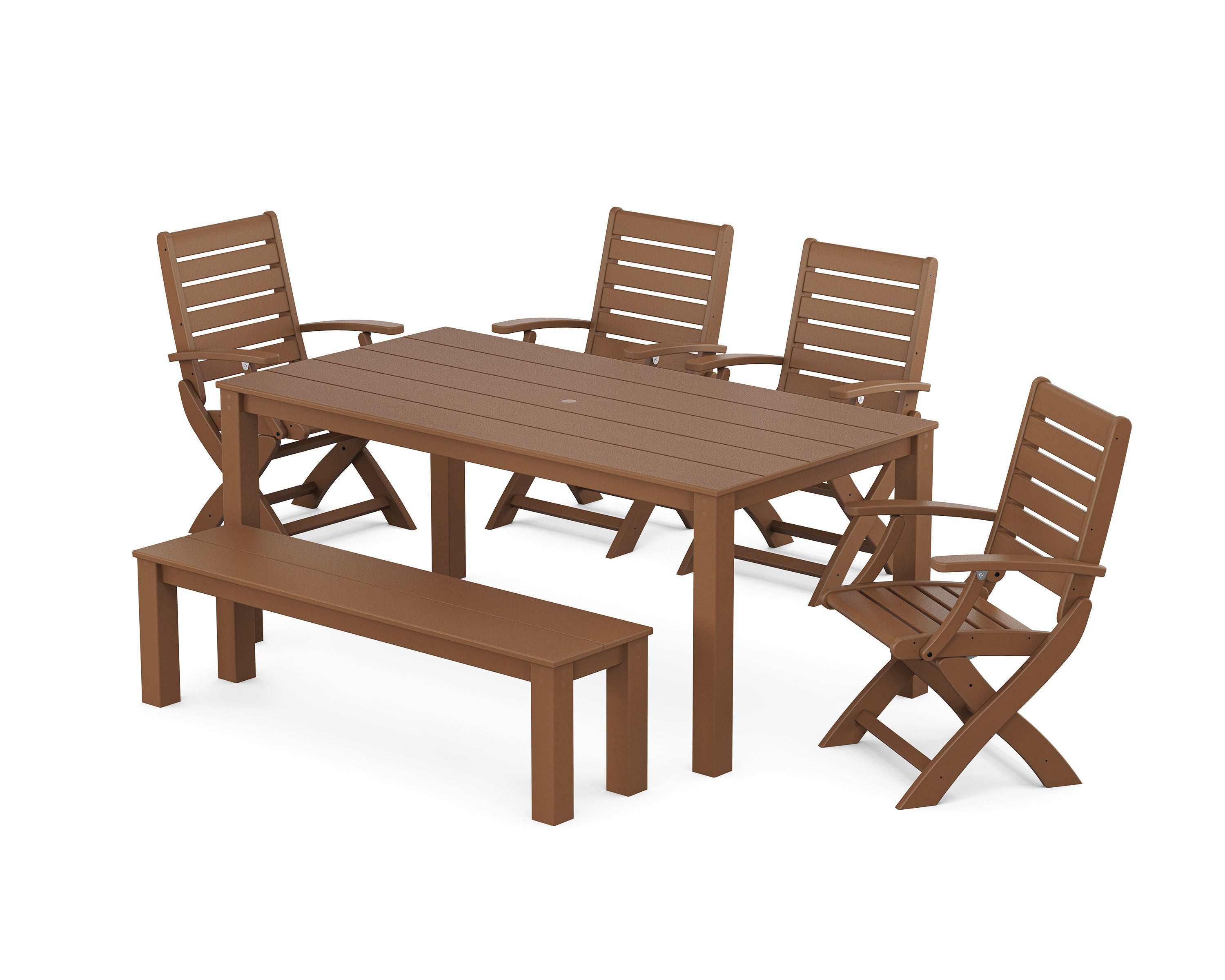 POLYWOOD Signature Folding Chair 6-Piece Parsons Dining Set with Bench in Teak