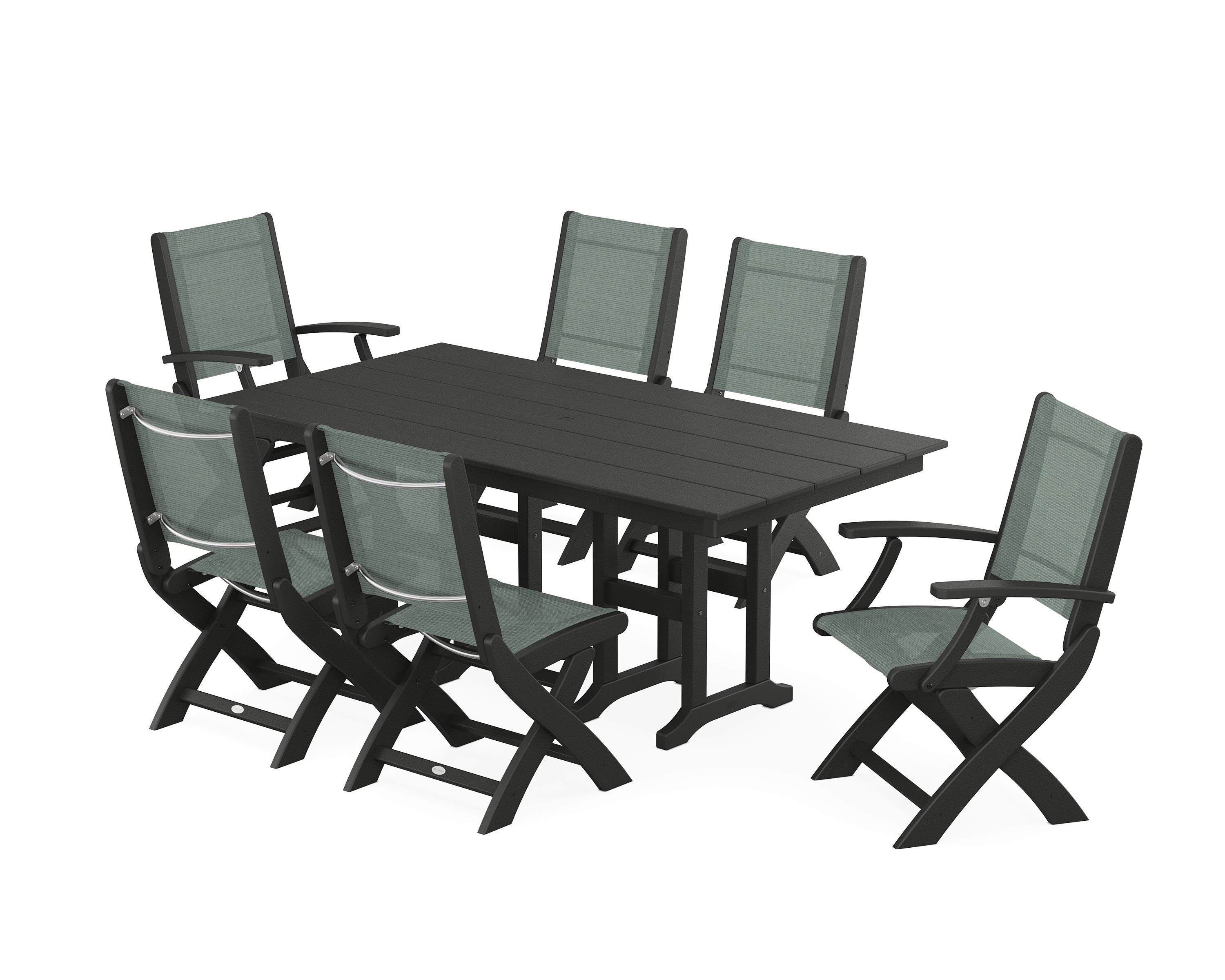 POLYWOOD Coastal Folding Chair 7-Piece Farmhouse Dining Set in Black / Dupioni Sea Mist Sling