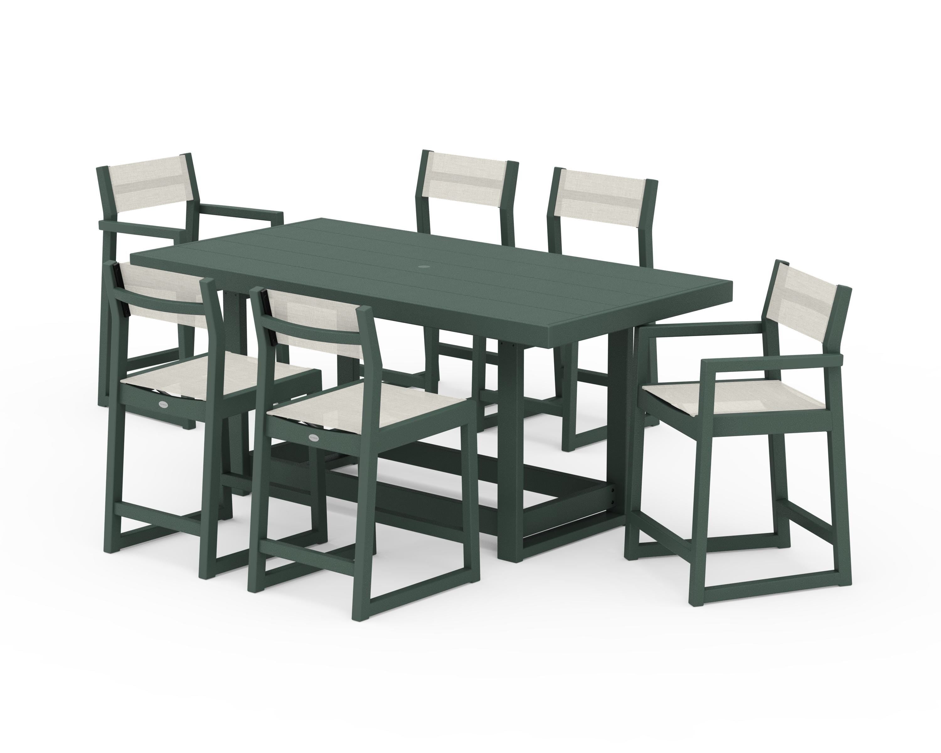 POLYWOOD EDGE Sling 7-Piece Counter Table Set in Green / Parchment Sling